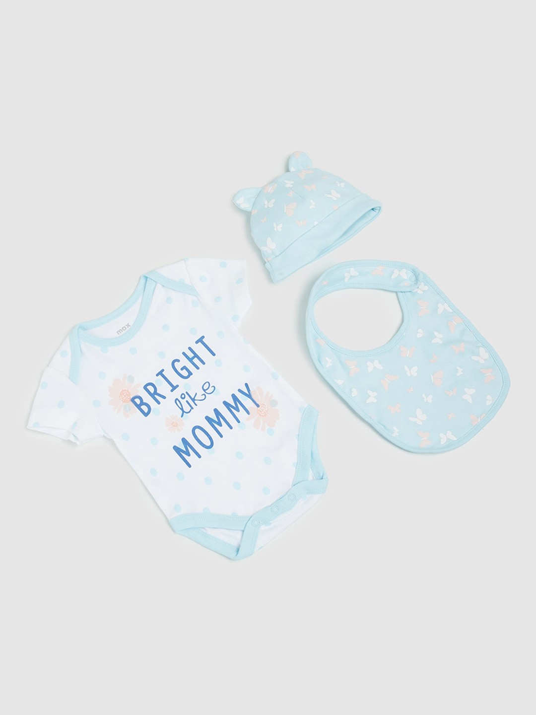 

max Girls Infant Pack of 3 White & Blue Printed Baby Apparel Gift Set