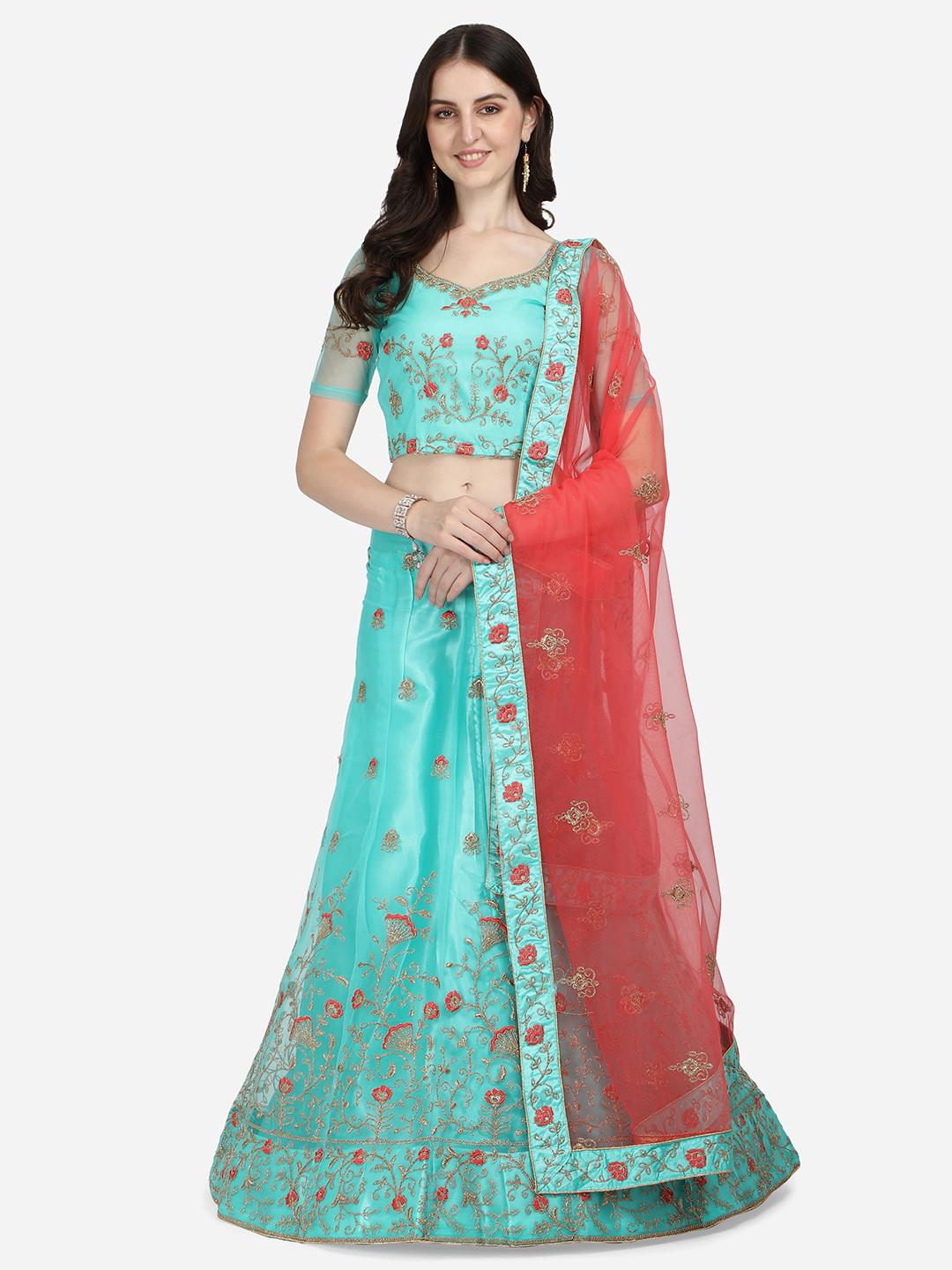 

VRSALES Sea Green & Red Embroidered Semi-Stitched Lehenga Choli