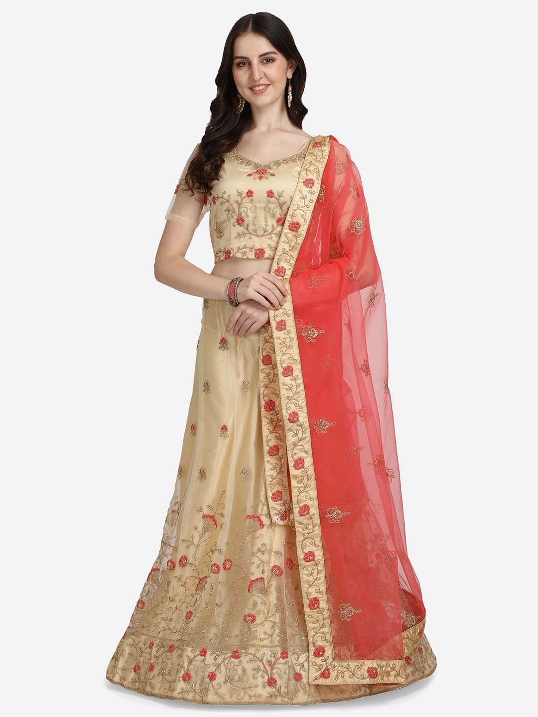 

VRSALES Beige & Red Embroidered Semi-Stitched Lehenga Choli