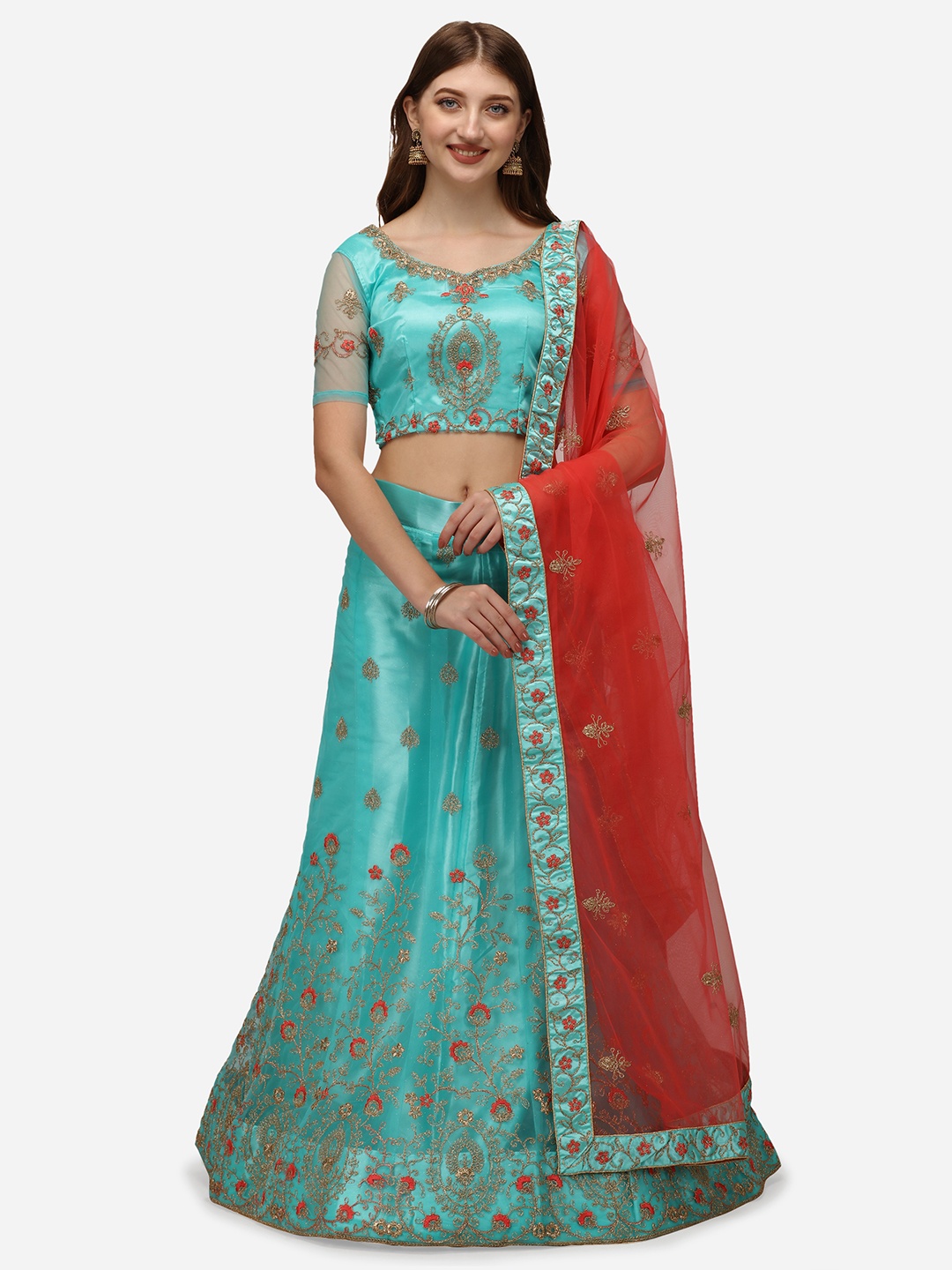 

VRSALES Sea Green & Red Embroidered Semi-Stitched Lehenga & Unstitched Blouse With Dupatta