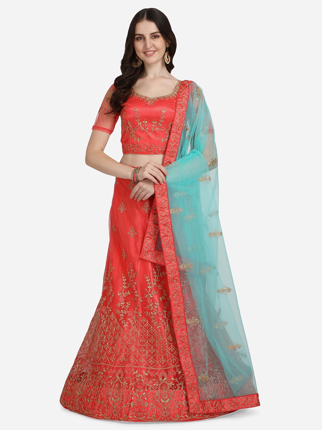 

VRSALES Coral & Blue Embroidered Semi-Stitched Lehenga Choli