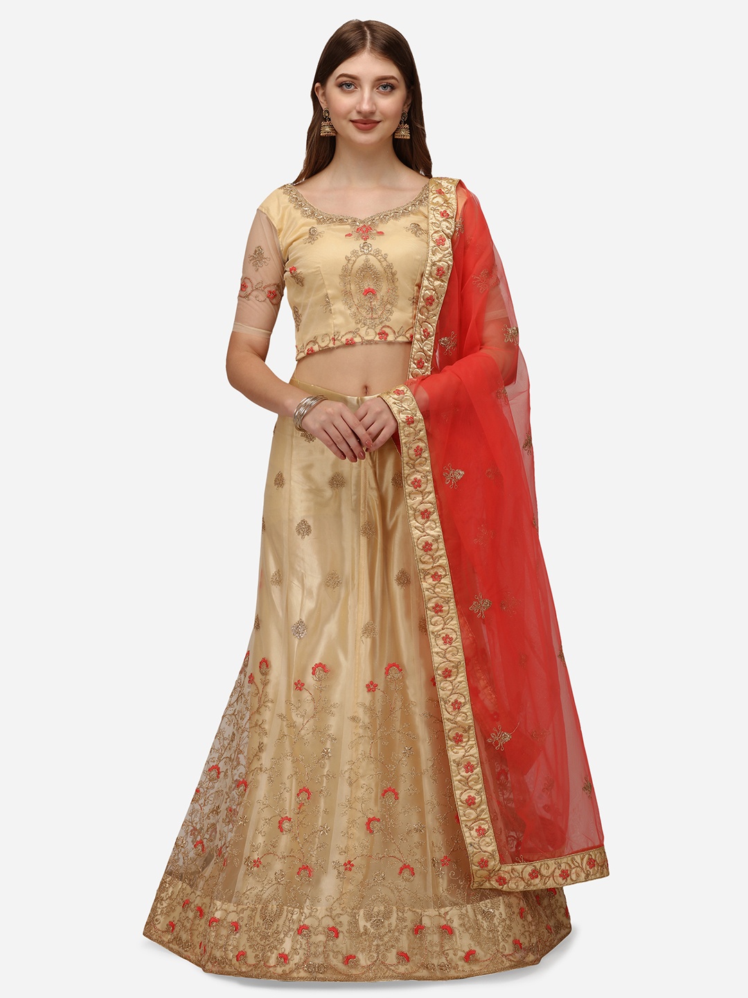 

VRSALES Beige & Red Embroidered Semi-Stitched Lehenga & Unstitched Blouse With Dupatta