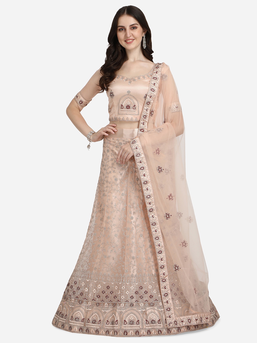 

VRSALES Peach-Coloured & Silver-Toned Embroidered Semi-Stitched Lehenga Choli