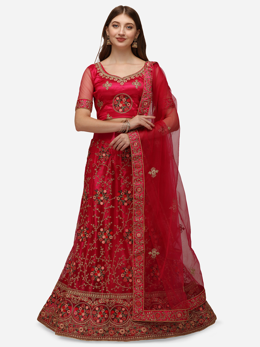 

VRSALES Magenta & Green Embroidered Semi-Stitched Lehenga & Unstitched Blouse With Dupatta