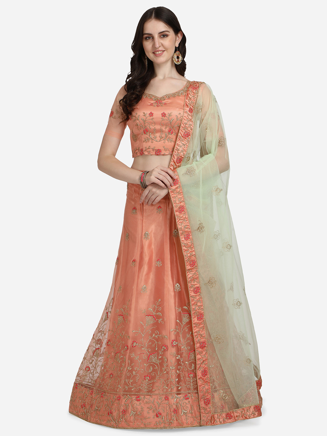 

VRSALES Peach-Coloured & Red Embroidered Semi-Stitched Lehenga & Unstitched Blouse With Dupatta