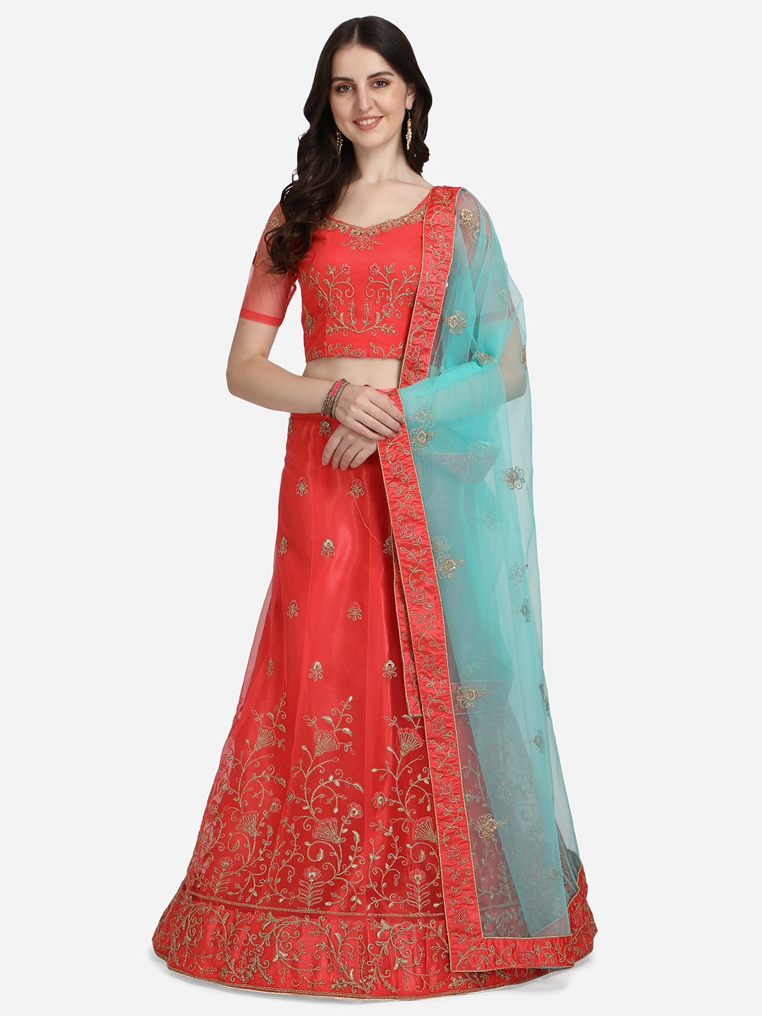 

VRSALES Coral & Blue Embroidered Semi-Stitched Lehenga & Unstitched Blouse With Dupatta