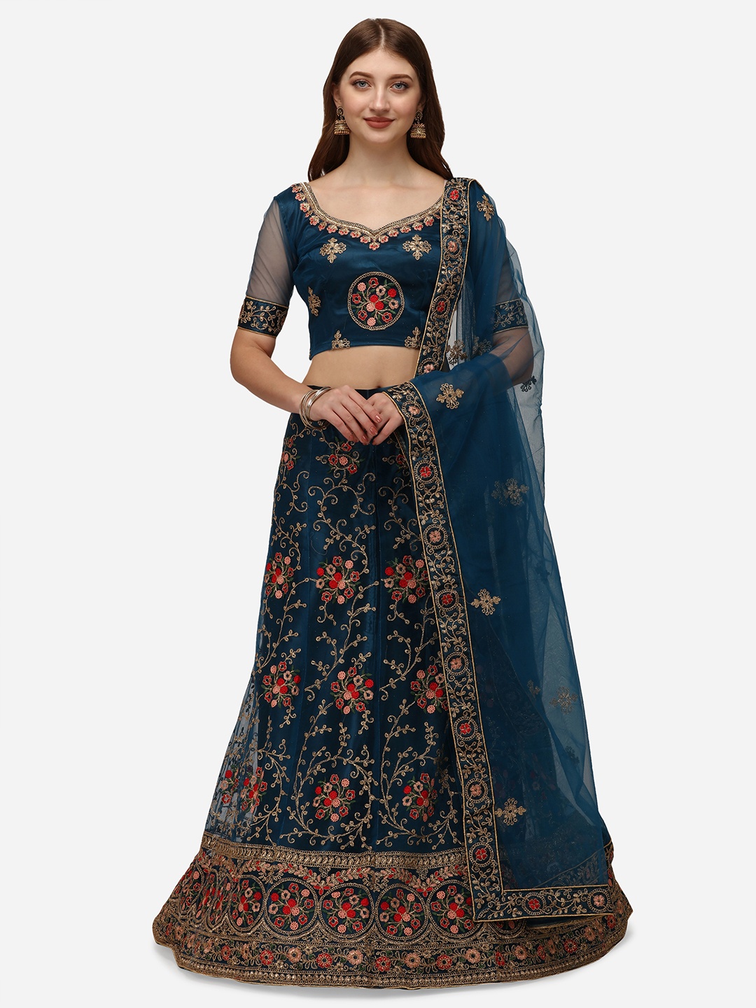 

VRSALES Teal & Red Embroidered Semi-Stitched Lehenga & Unstitched Blouse With Dupatta