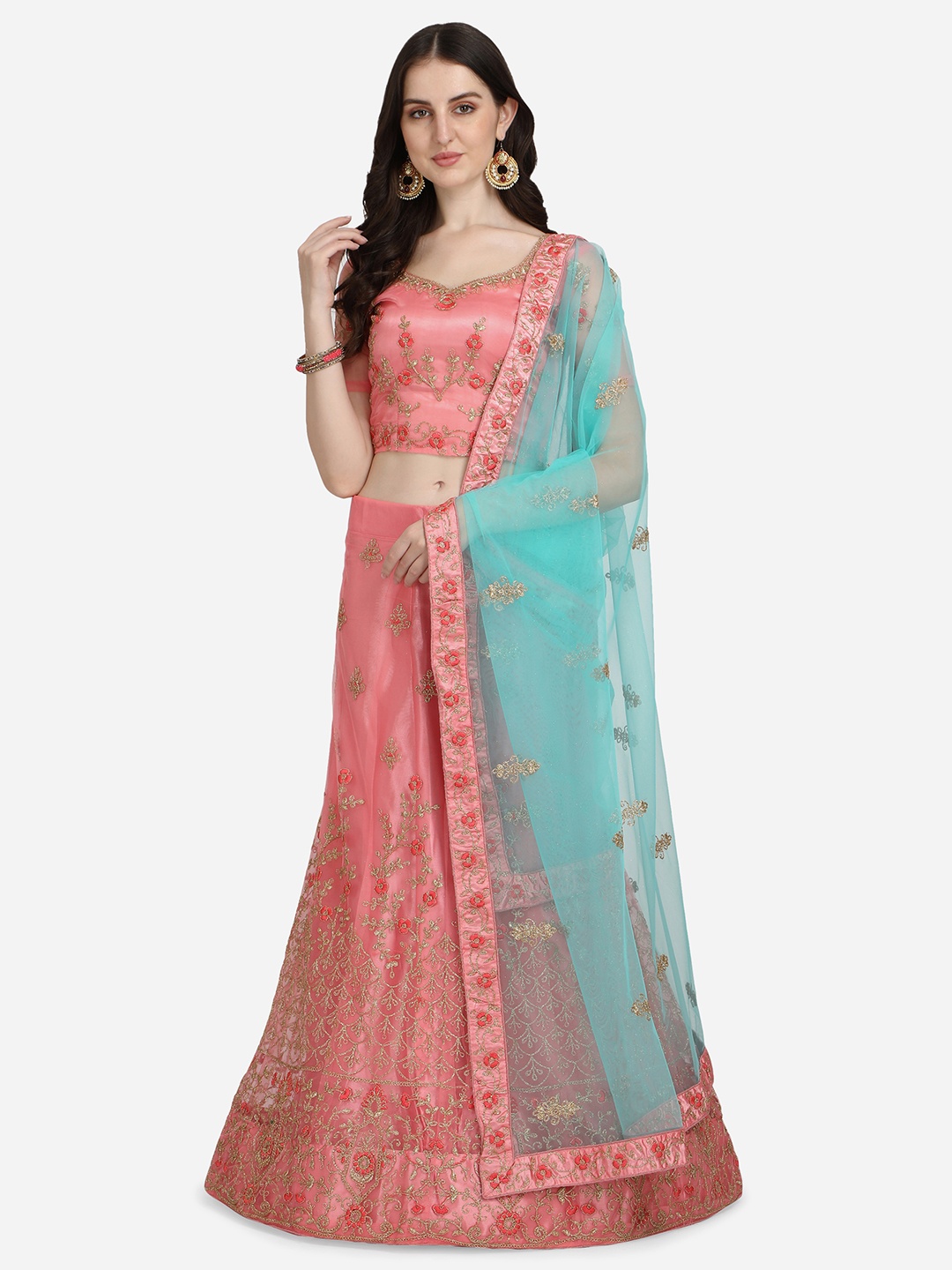 

VRSALES Pink & Blue Embroidered Semi-Stitched Lehenga & Unstitched Blouse With Dupatta