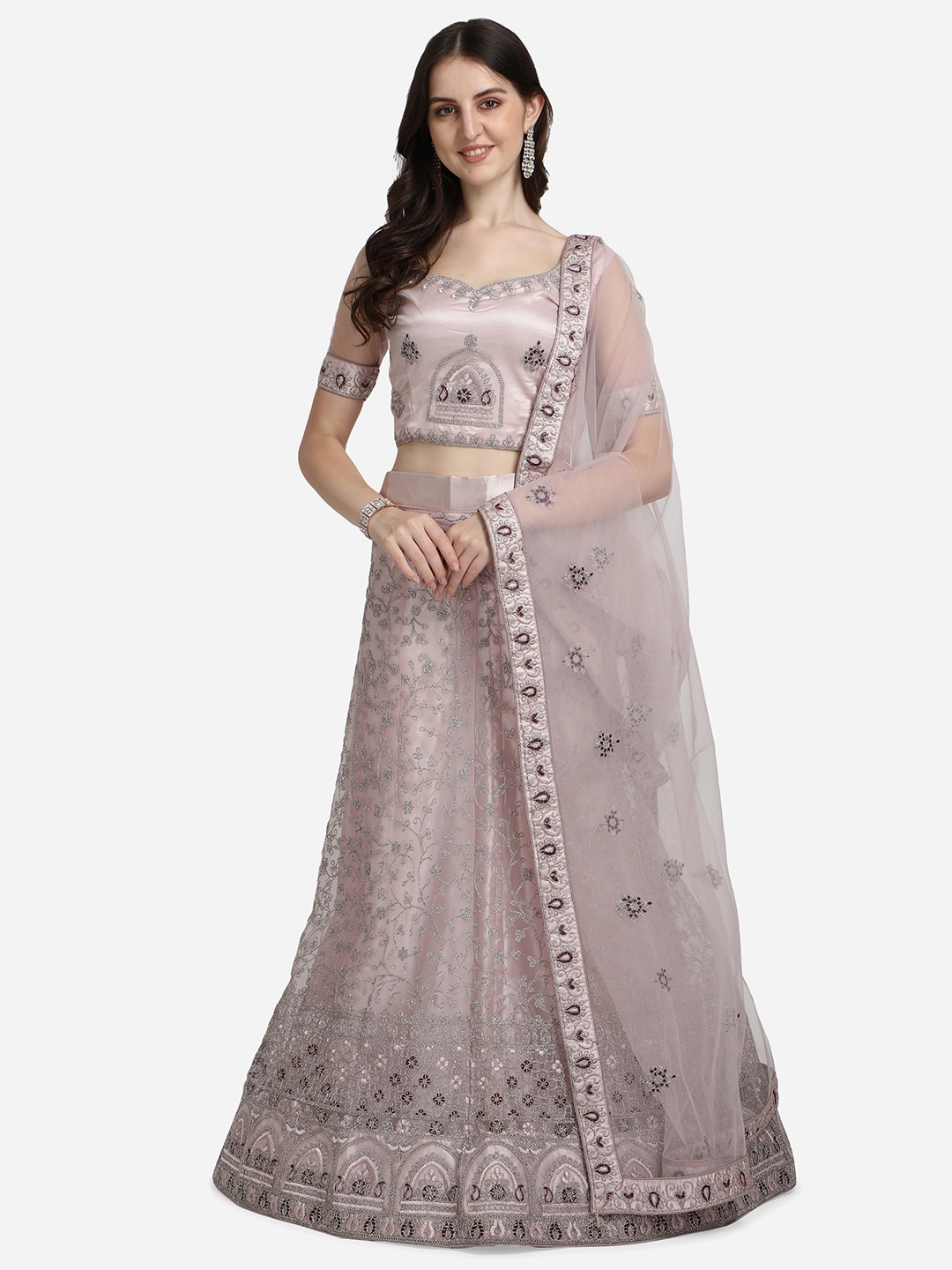 

VRSALES Lavender & Silver-Toned Embroidered Semi-Stitched Lehenga & Unstitched Blouse With Dupatta
