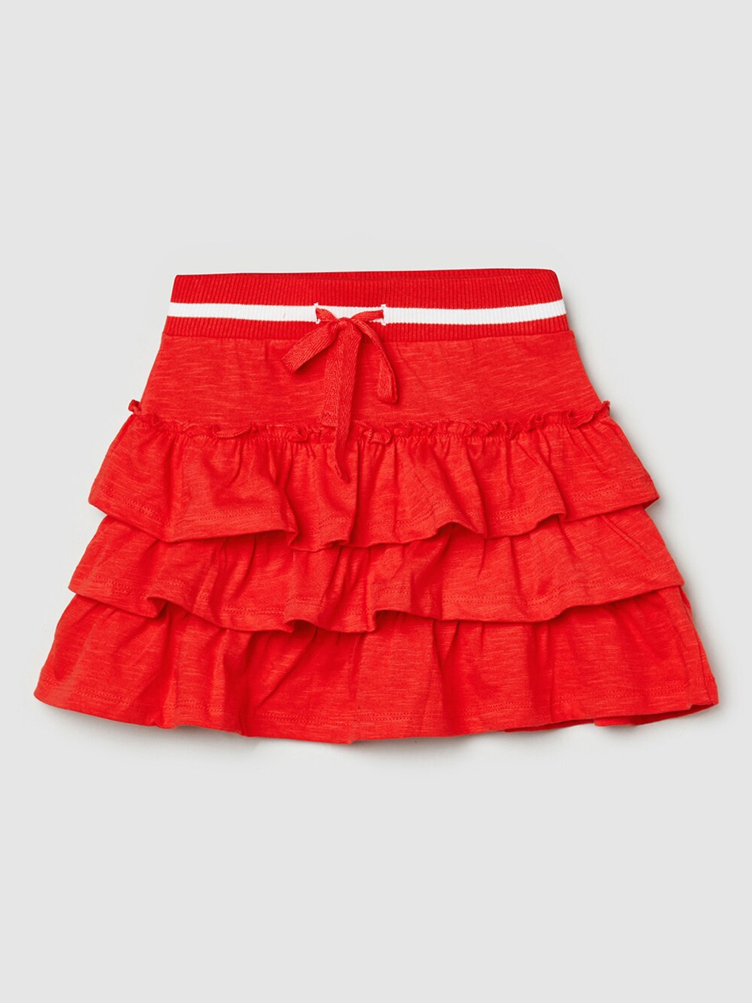 

max Girls Red Solid Pure Cotton Mini Tiered Skirt