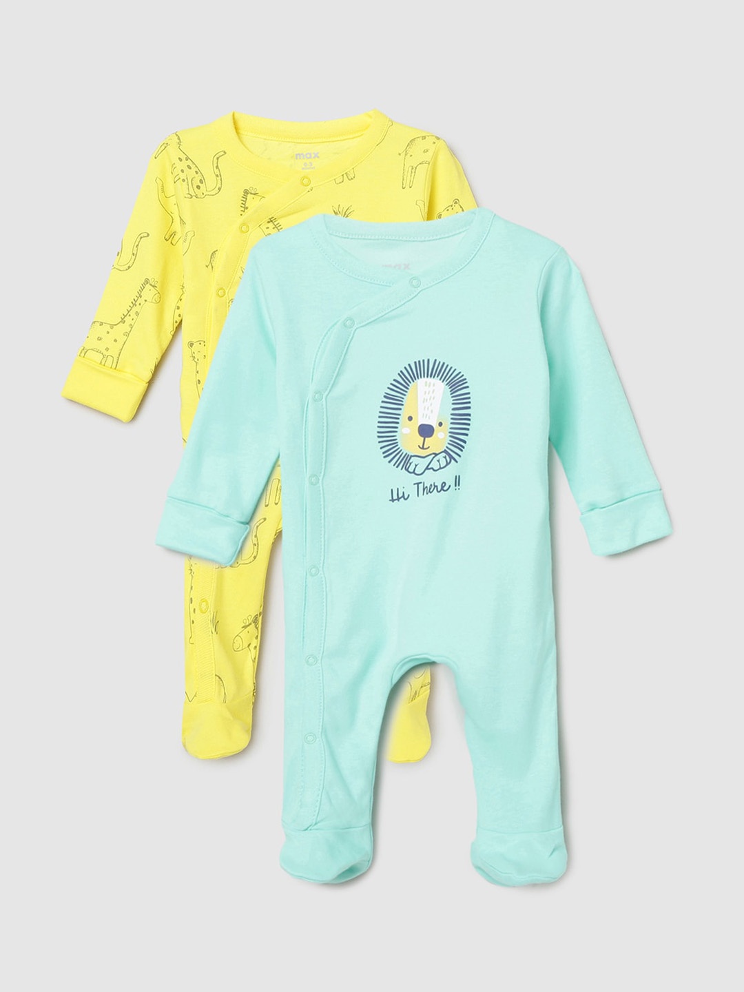 

max Infant Boys Pack of 2 Yellow & Green Printed Anti-Bacterial Sleepsuit