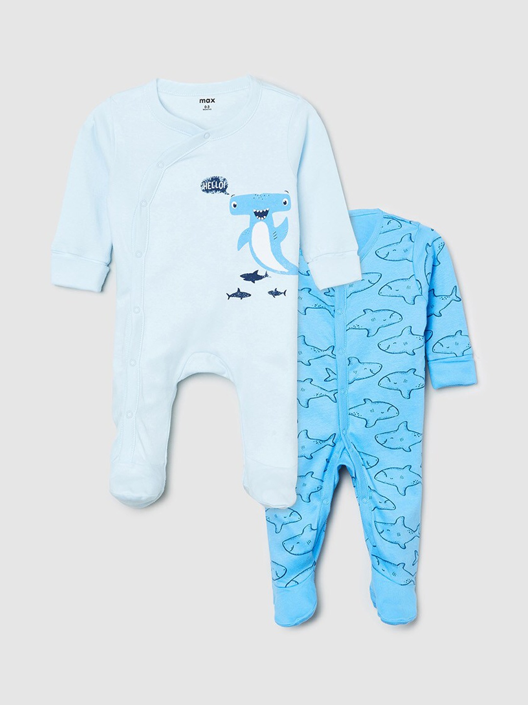 

max Infant Boys Pack of 2 Blue Cotton Printed Sleepsuits