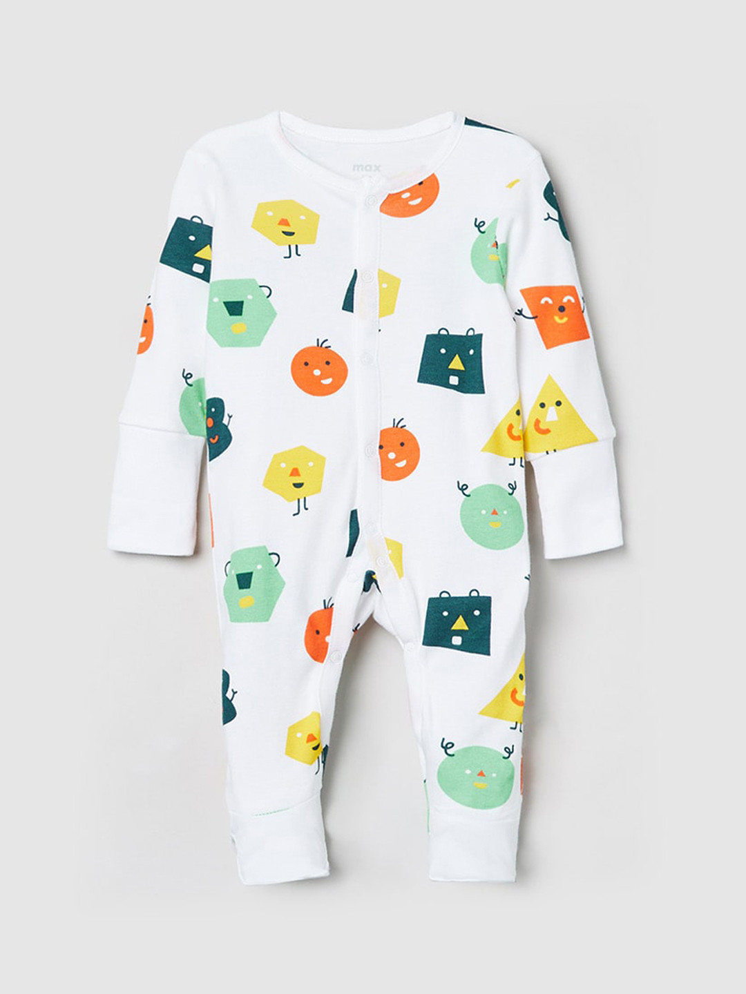 

max Infant Boys White Printed Cotton Sleepsuit, Multi
