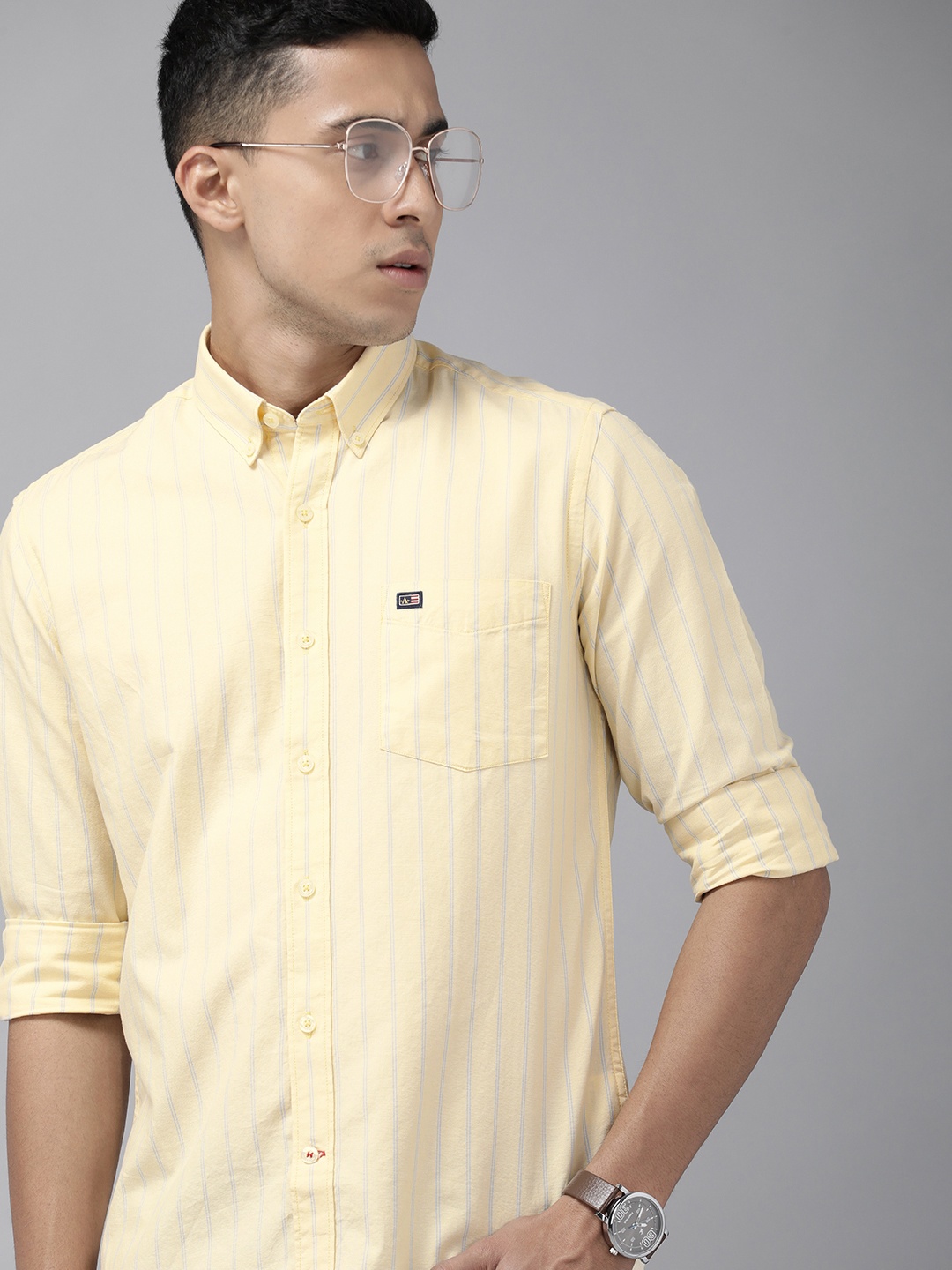 

Arrow Sport Men Pure Cotton Manhattan Slim Fit Striped Casual Shirt, Yellow