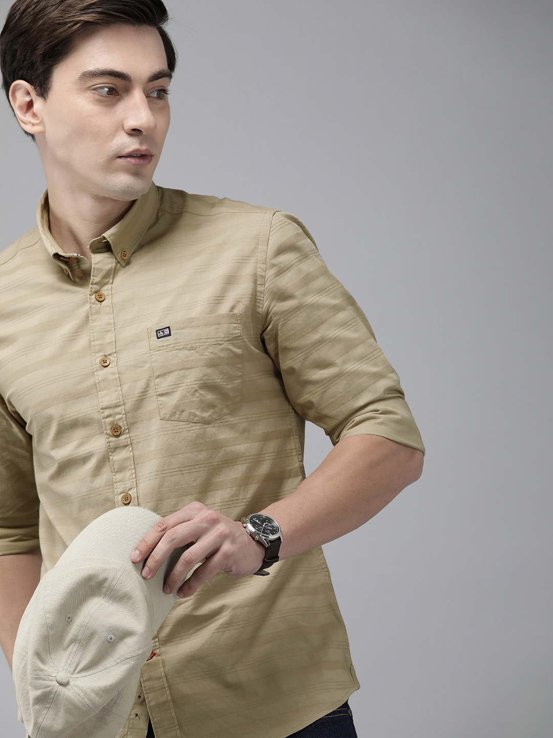 

Arrow Sport Men Beige Self Design Striped Original Slim Fit Pure Cotton Casual Shirt