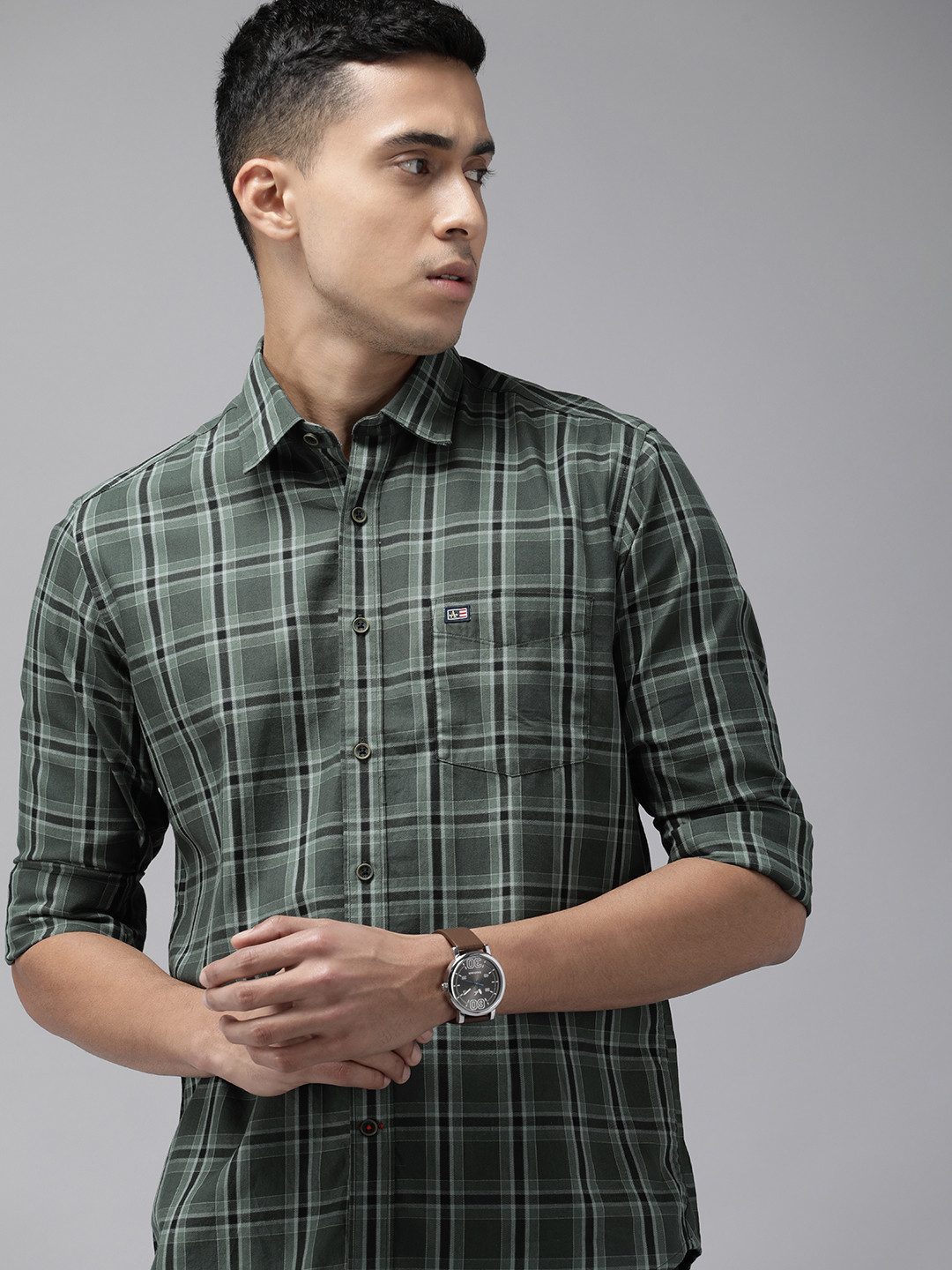 

Arrow Sport Men Manhattan Slim Fit Tartan Checked Pure Cotton Casual Shirt, Olive
