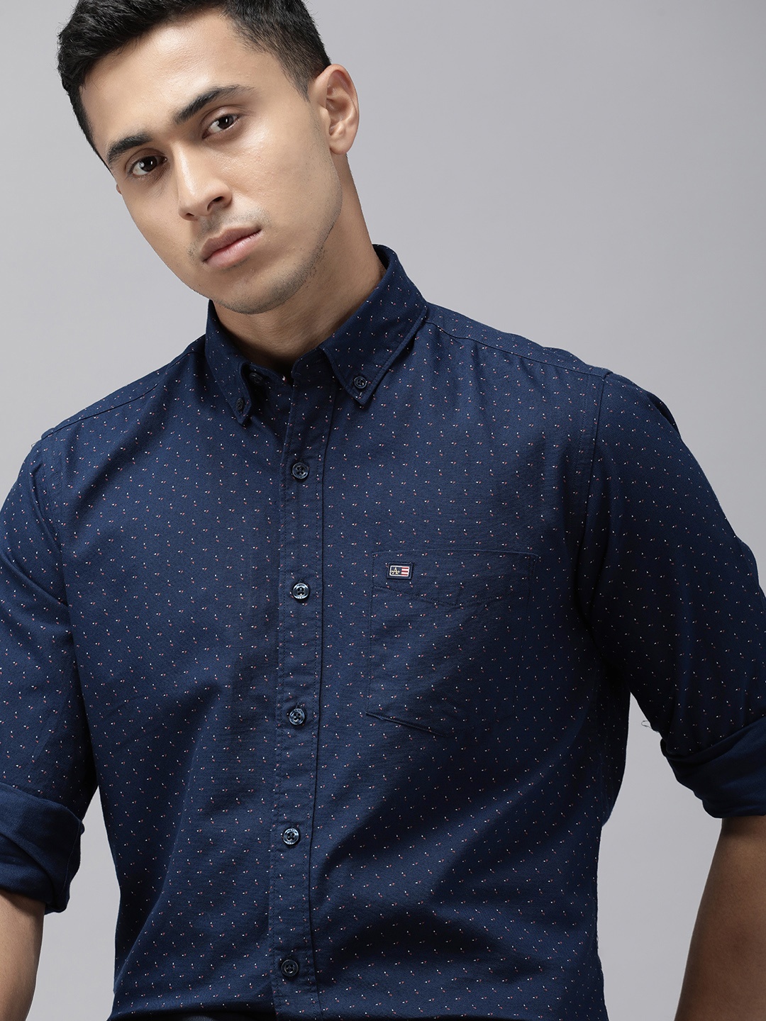 

Arrow Sport Men Manhattan Slim Fit Printed Pure Cotton Casual Shirt, Navy blue
