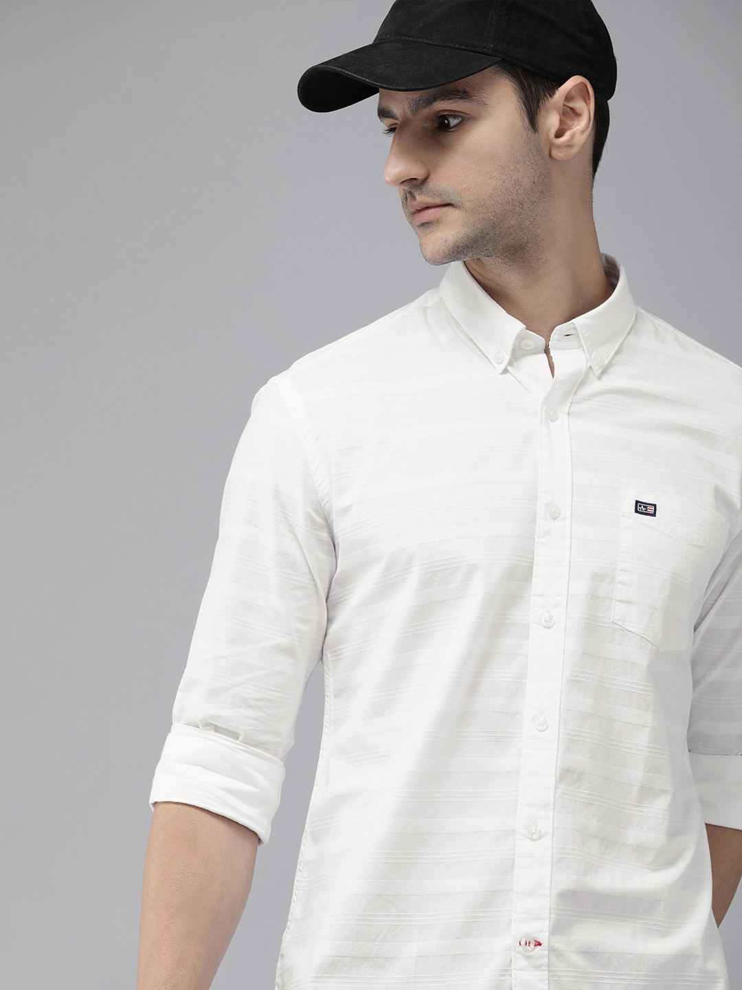 

Arrow Sport Men White Self Design Striped Original Slim Fit Pure Cotton Shirt