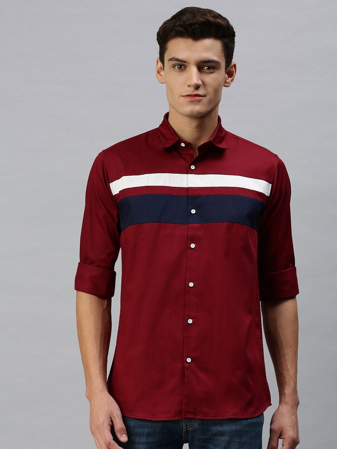 

PEPPYZONE Men Maroon Standard Horizontal Stripes Striped Casual Shirt
