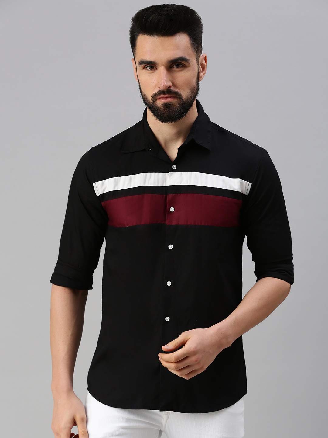 

PEPPYZONE Men Black Standard Horizontal Stripes Striped Casual Shirt