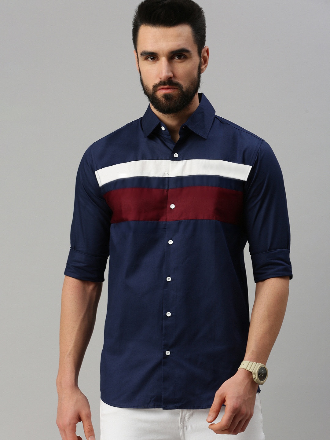 

PEPPYZONE Men Navy Blue Standard Horizontal Stripes Striped Casual Shirt