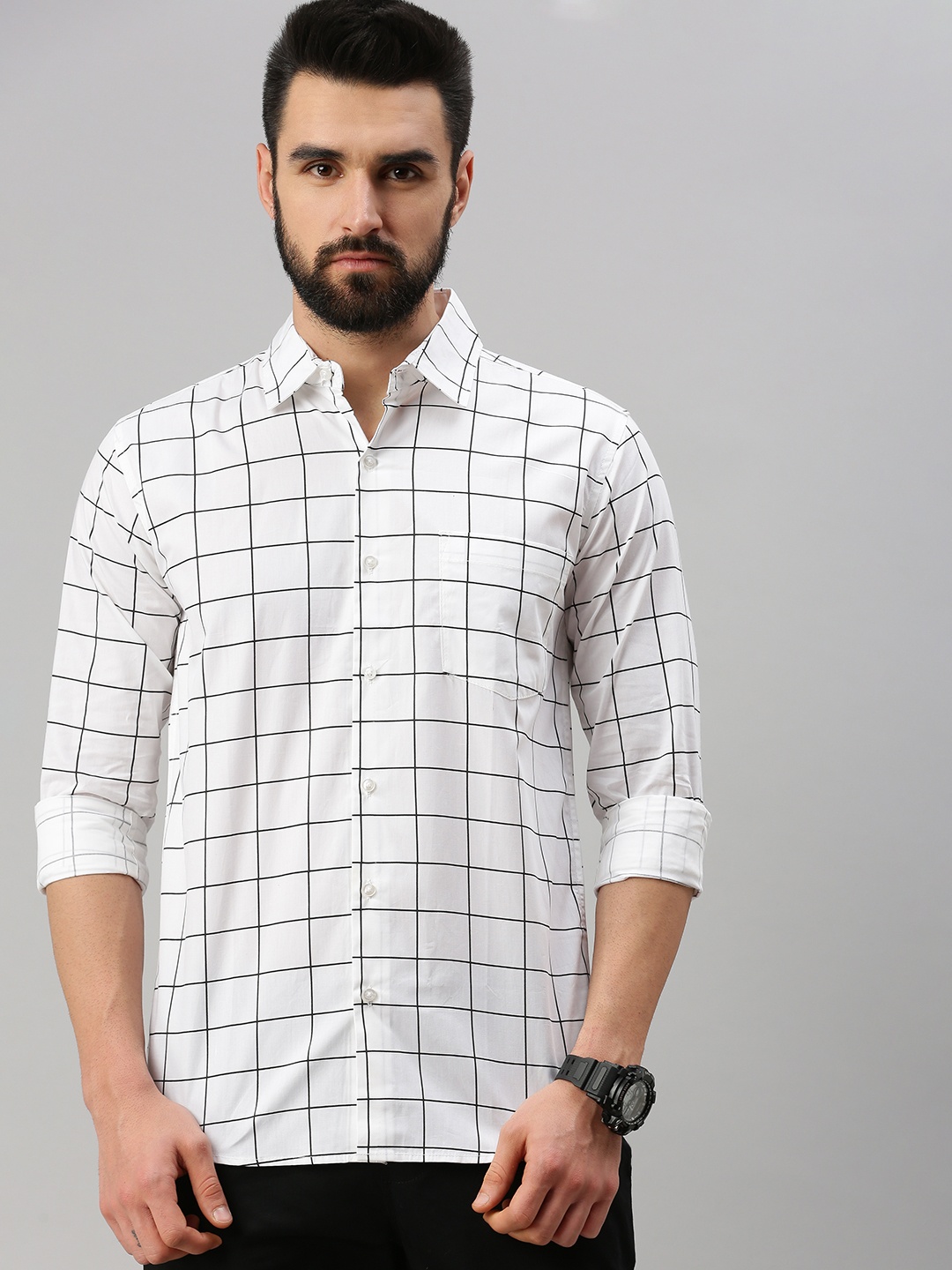 

PEPPYZONE Men White Standard Windowpane Checks Checked Casual Shirt
