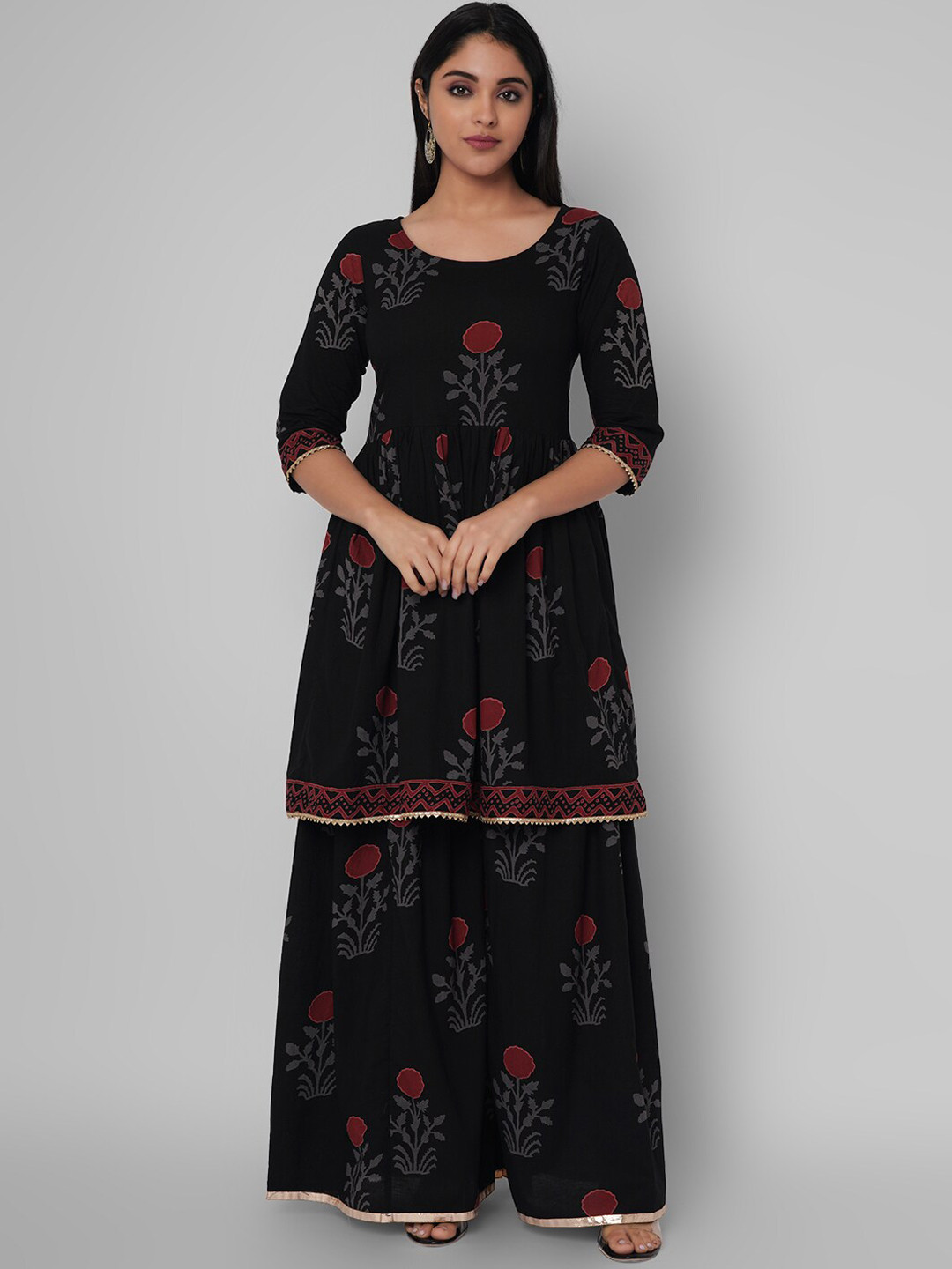 

KALINI Women Black Floral Embroidered Gotta Patti Kurti with Palazzos & With Dupatta