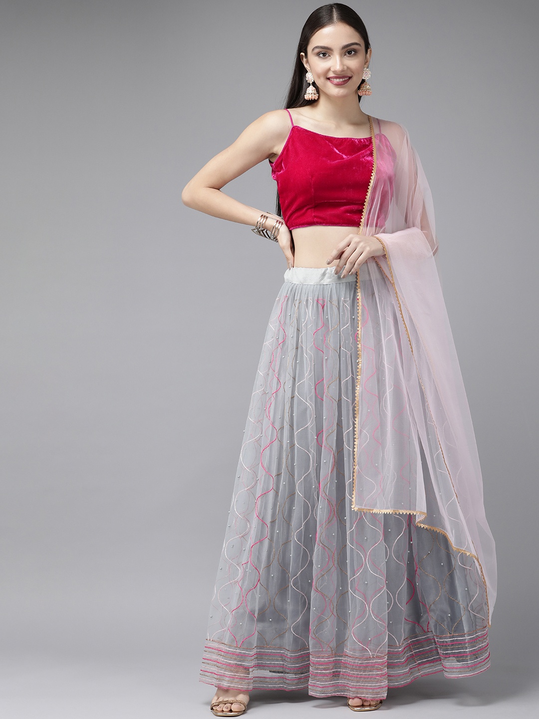 

DIVASTRI Grey & Fuchsia Beads and Stones Ready to Wear Lehenga & Unstitched Blouse With Dupatta
