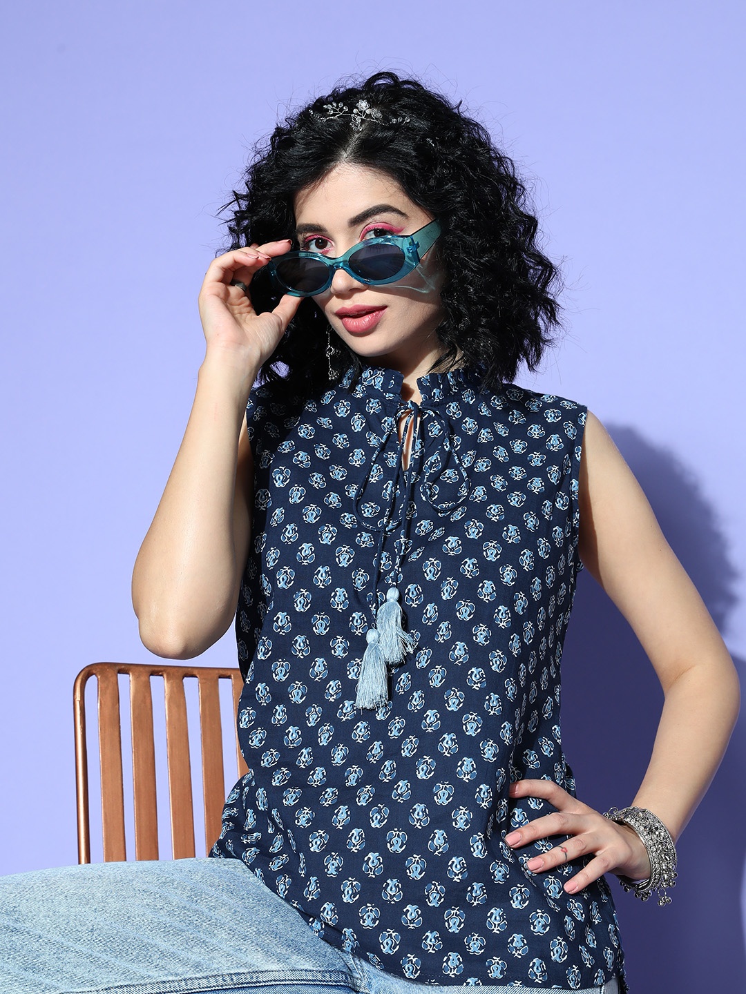 

Indo Era Blue Floral Printed Kurti