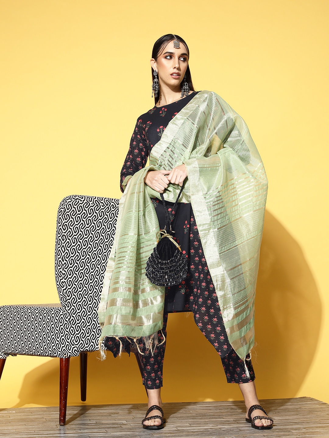 

Indo Era Women Black Floral Printed Panelled Pure Cotton Kurta with Trousers & With Dupatta