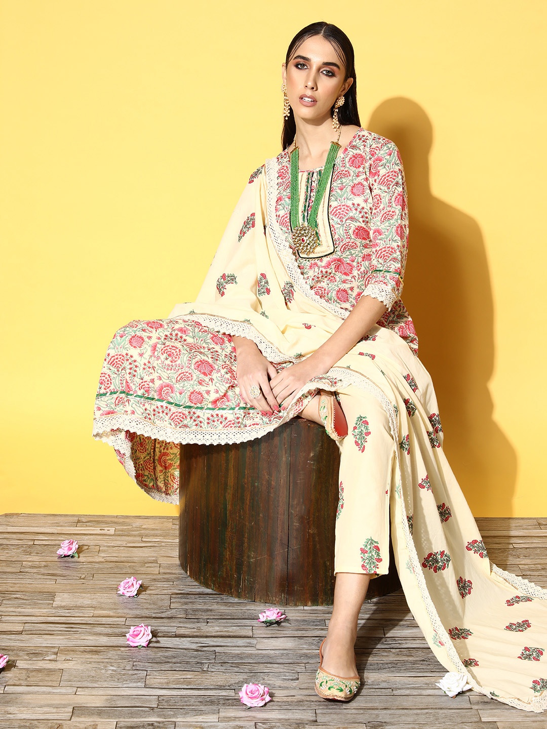 

Indo Era Women Cream-Coloured & Red Ethnic Printed Kurta with Trousers & Dupatta