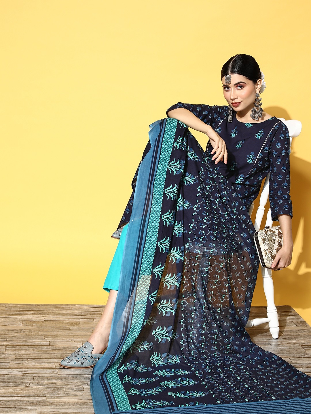 

Indo Era Women Navy Blue Ethnic Motifs Printed Kurta with Trousers & Dupatta