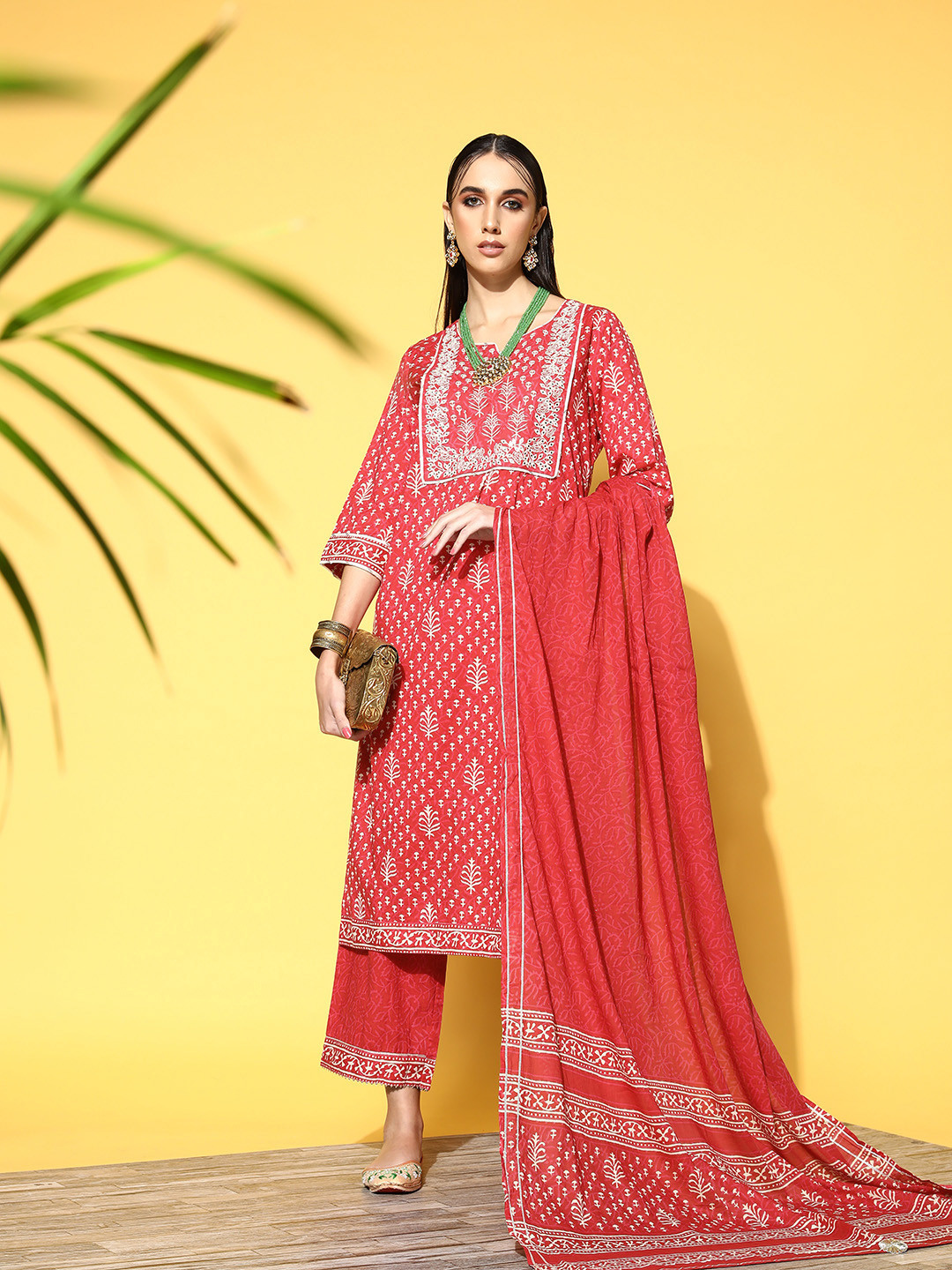 

Indo Era Women Coral Ethnic Motifs Printed Gotta Patti Kurta with Palazzos & With Dupatta