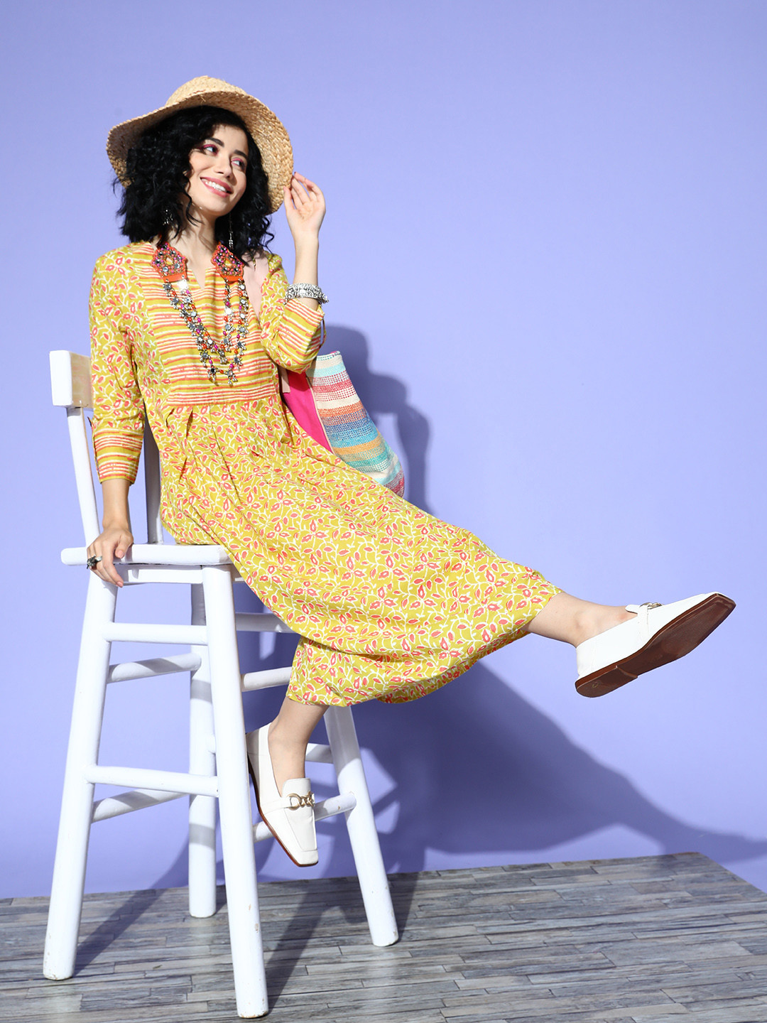 

Indo Era Yellow & Pink Floral Cotton A-Line Midi Dress