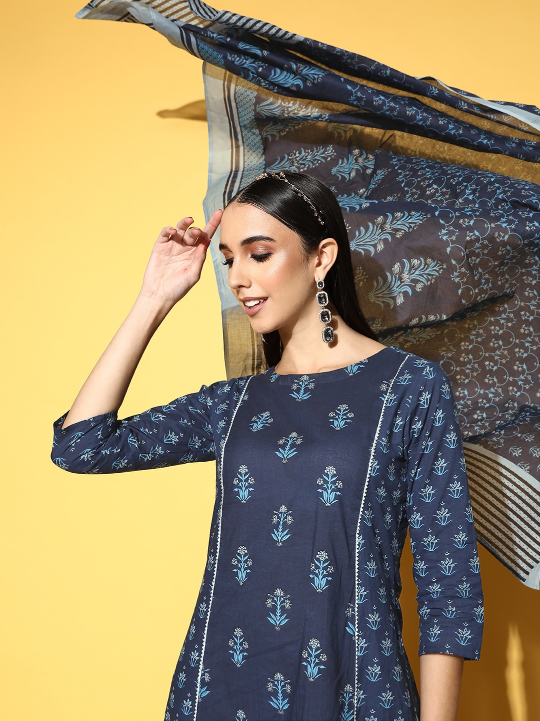 

Indo Era Women Navy Blue Ethnic Motifs Printed A-Line Kurta with Trousers & Dupatta