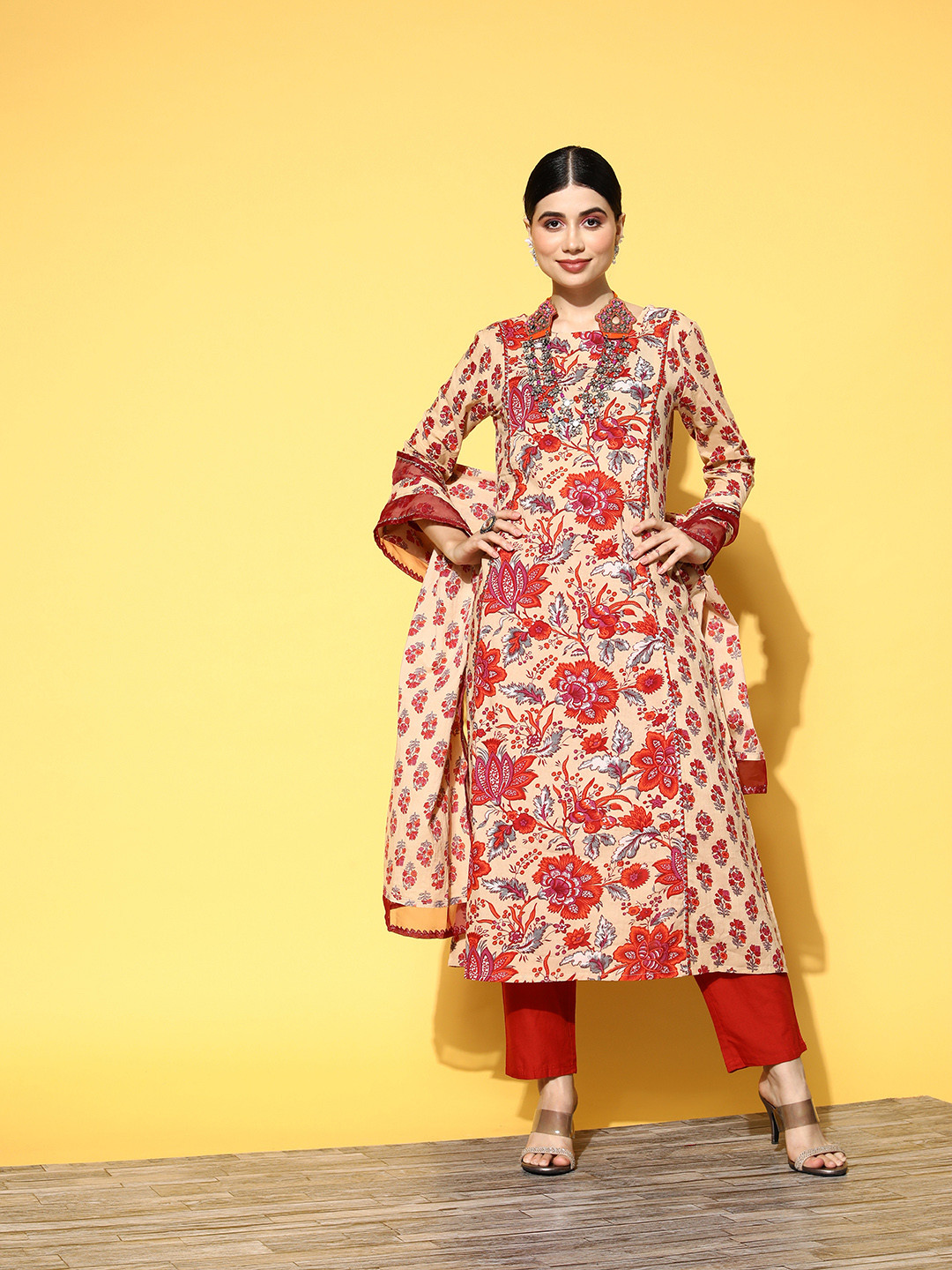 

Indo Era Women Beige & Maroon Ethnic Motifs Printed Straight Kurta with Trousers & Dupatta