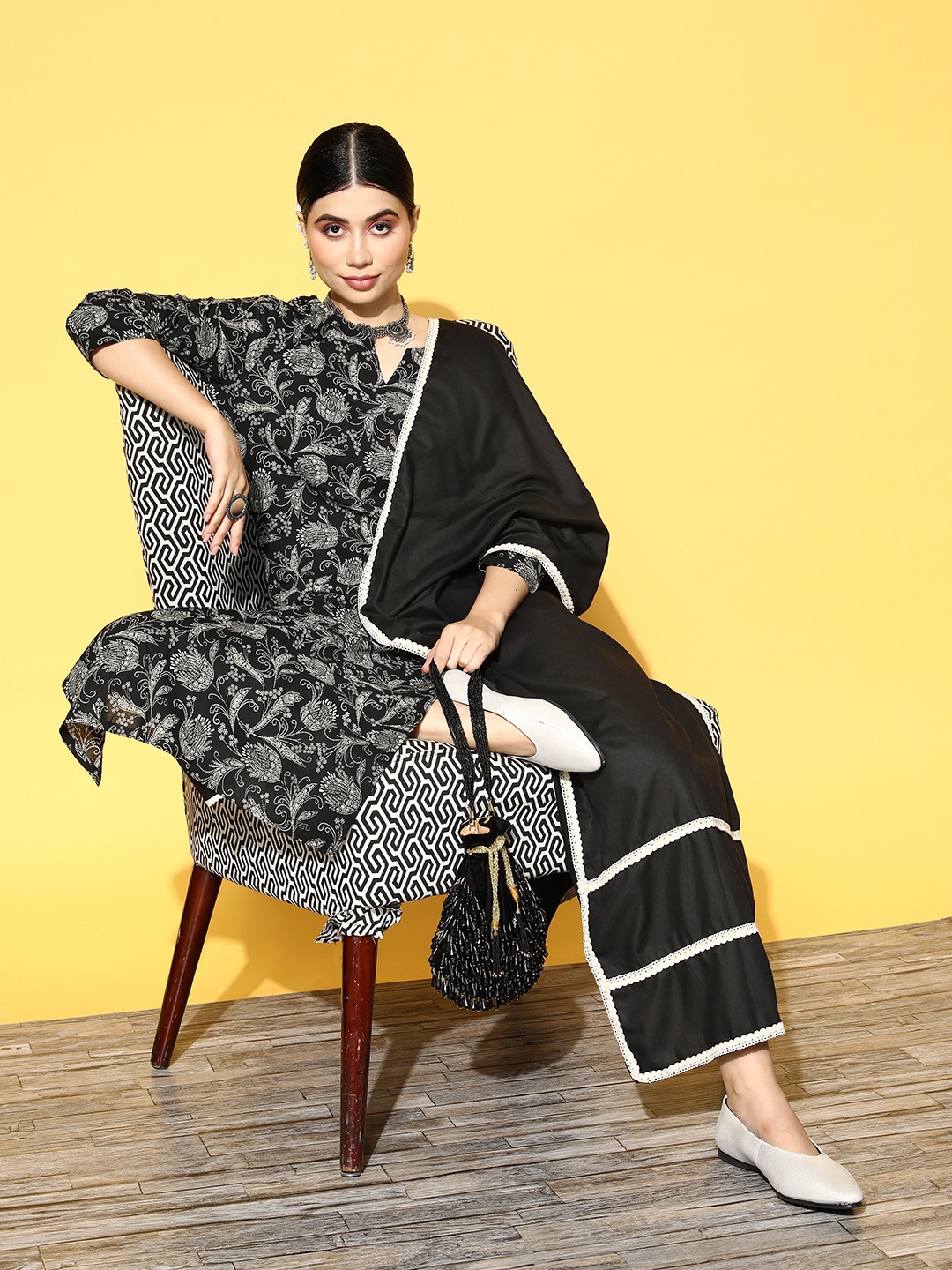 

Indo Era Women Black Ethnic Motifs Printed Kurta with Trousers & With Dupatta