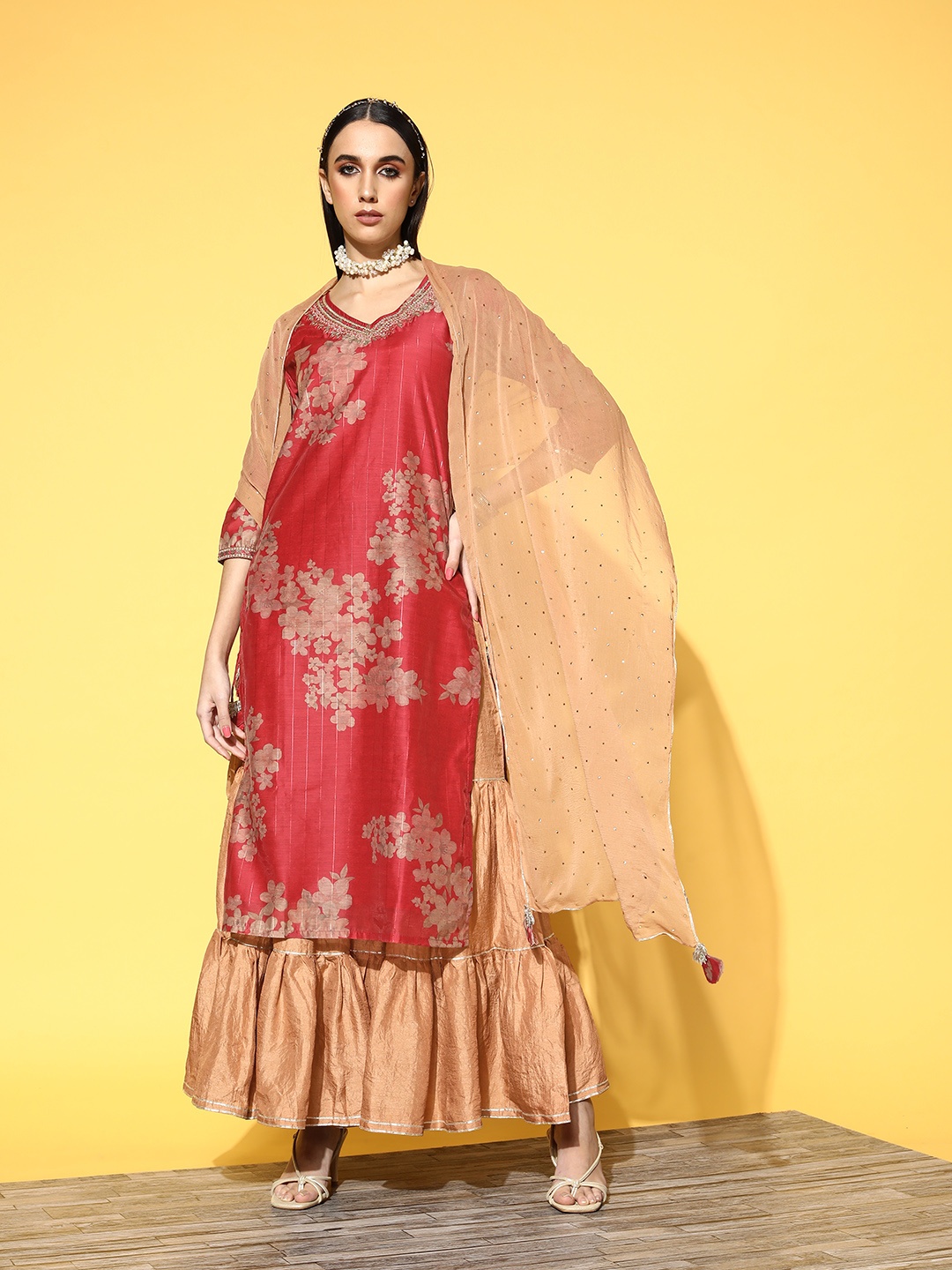 

Indo Era Women Red Ethnic Motifs Printed Kurta with Sharara & With Dupatta