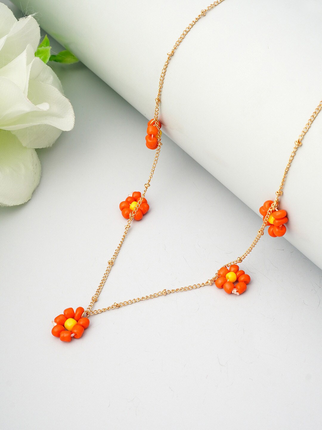 

Ferosh Women Orange & Gold-Toned Floral Necklace