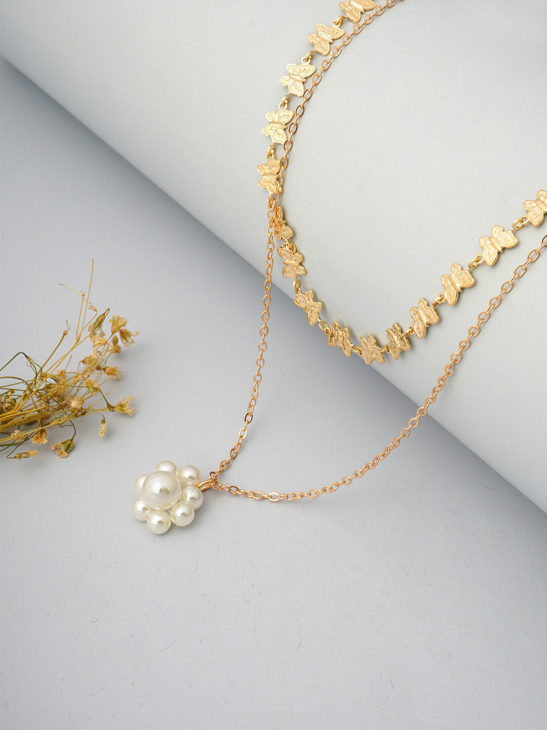 

Ferosh Gold-Toned & White Beaded Layered Necklace