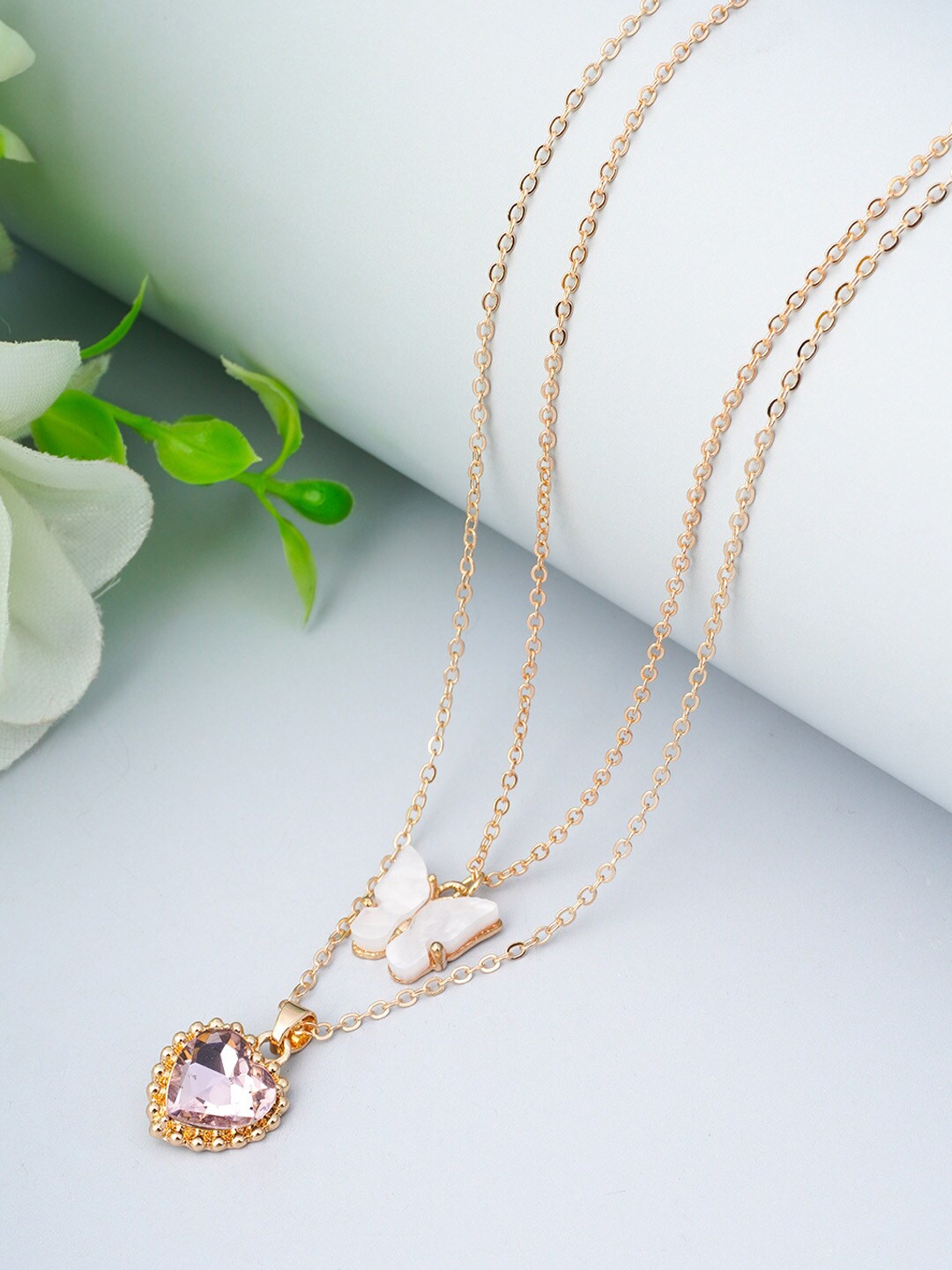 

Ferosh Pink & White Heart and Butterfly Layered Necklace