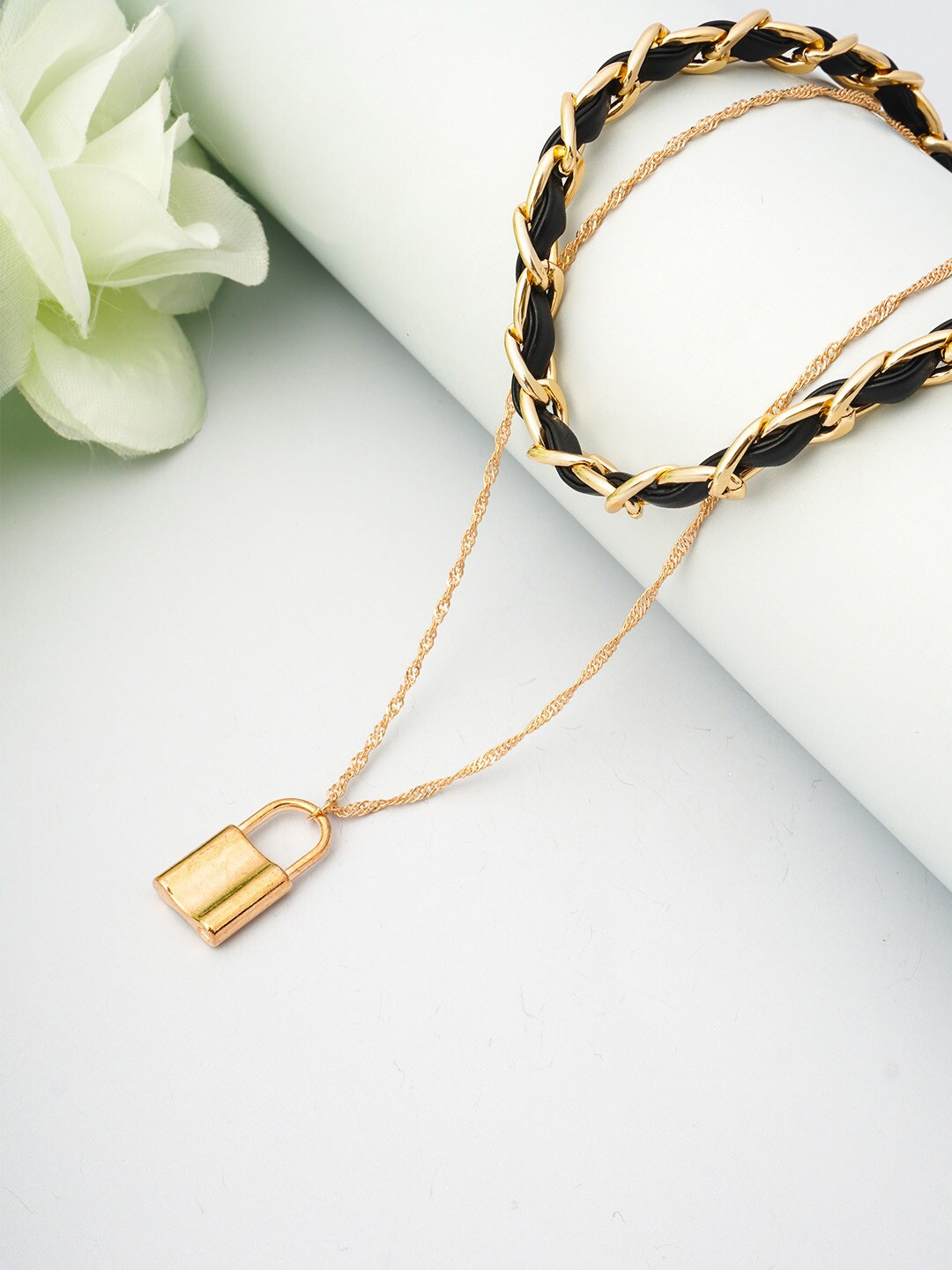 

Ferosh Women Black & Gold Lock Pendant Layered Necklace and Chains