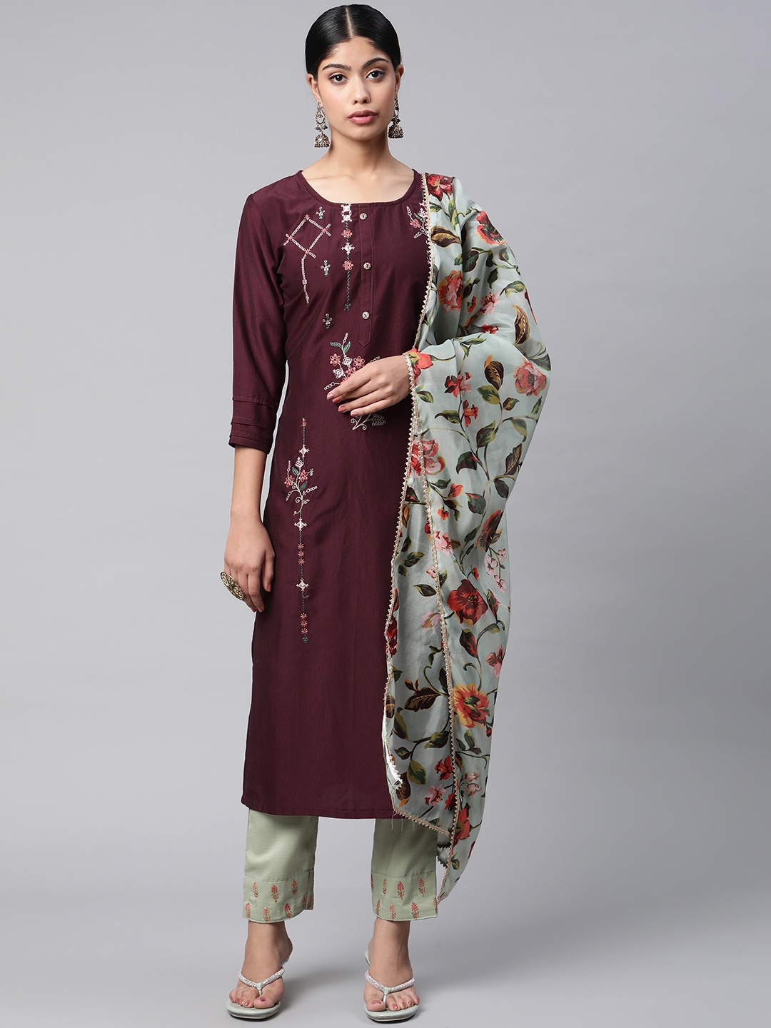 

V TRADITION Women Maroon Floral Embroidered Kurta with Palazzos & With Dupatta