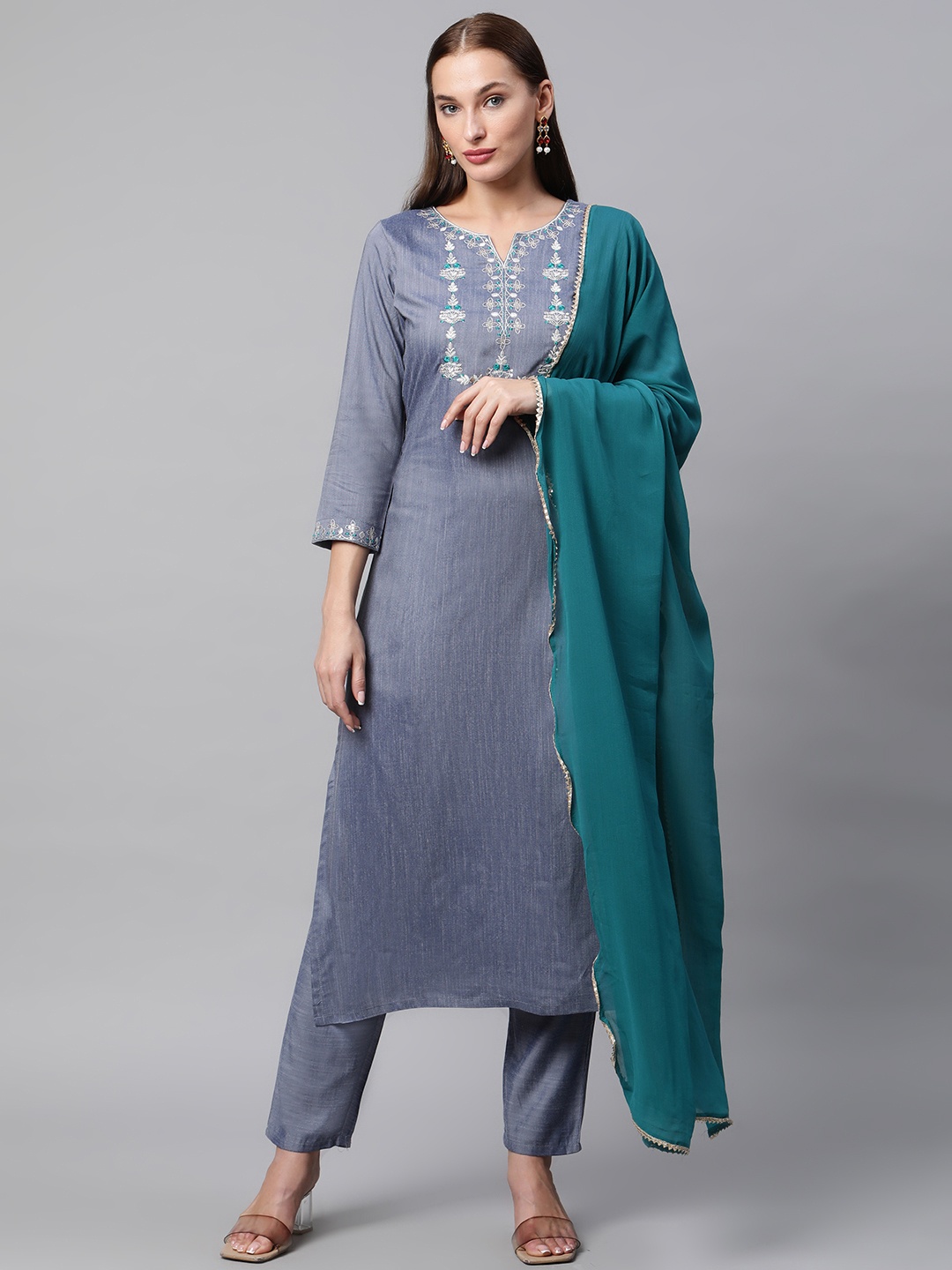 

V TRADITION Women Grey Ethnic Motifs Yoke Design Kurta with Trousers & With Dupatta