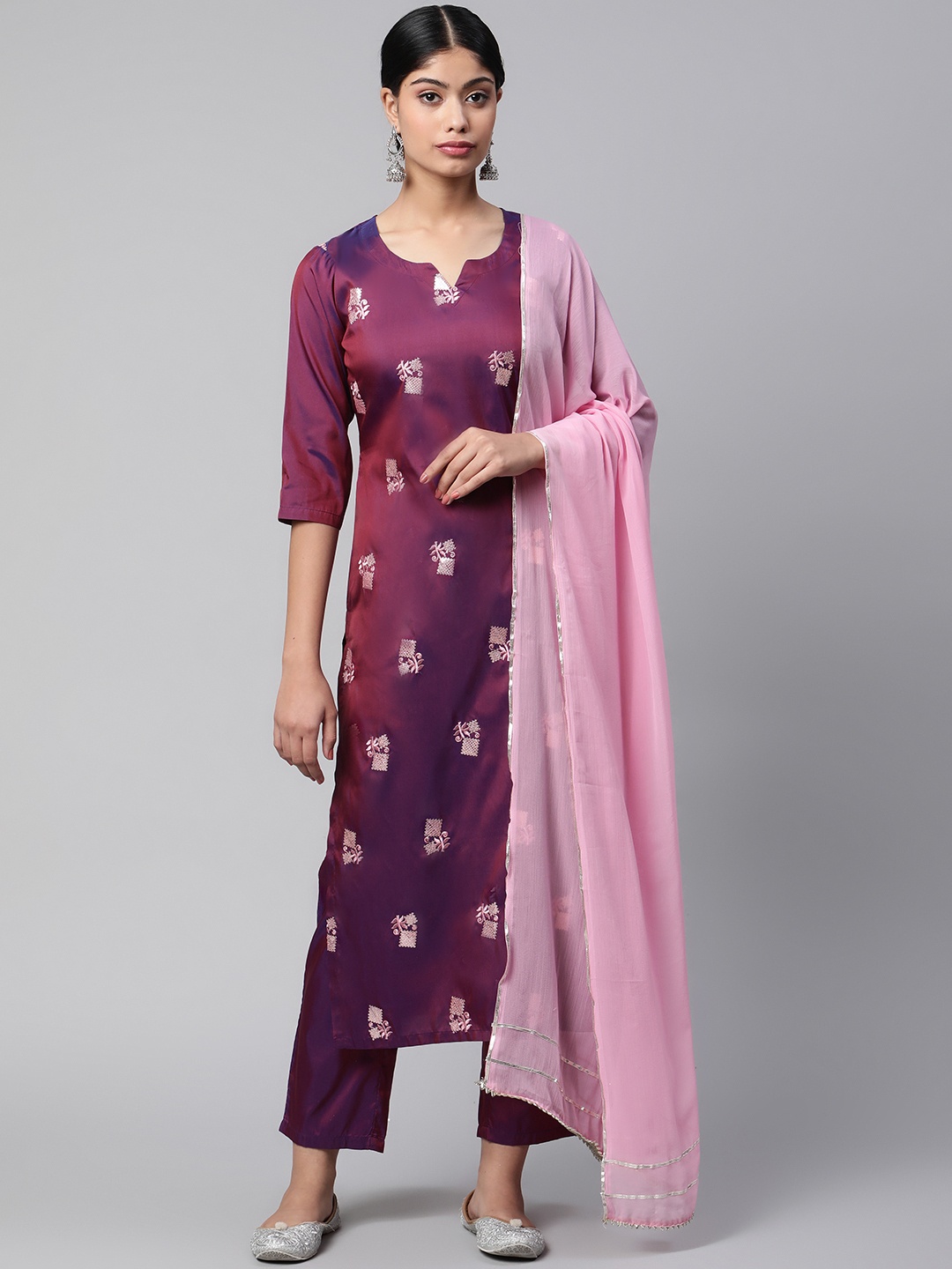 

V TRADITION Women Purple Ethnic Motifs Embroidered Thread Work Kurta with Palazzos & With Dupatta