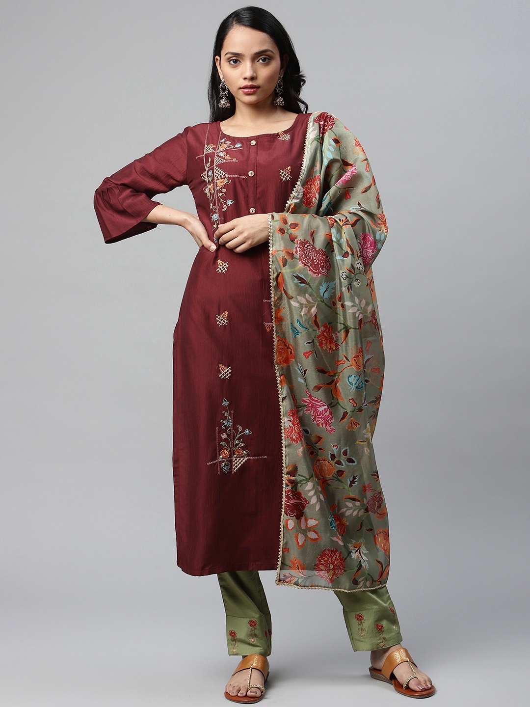 

V TRADITION Women Maroon Floral Embroidered Thread Work Kurta with Palazzos & With Dupatta