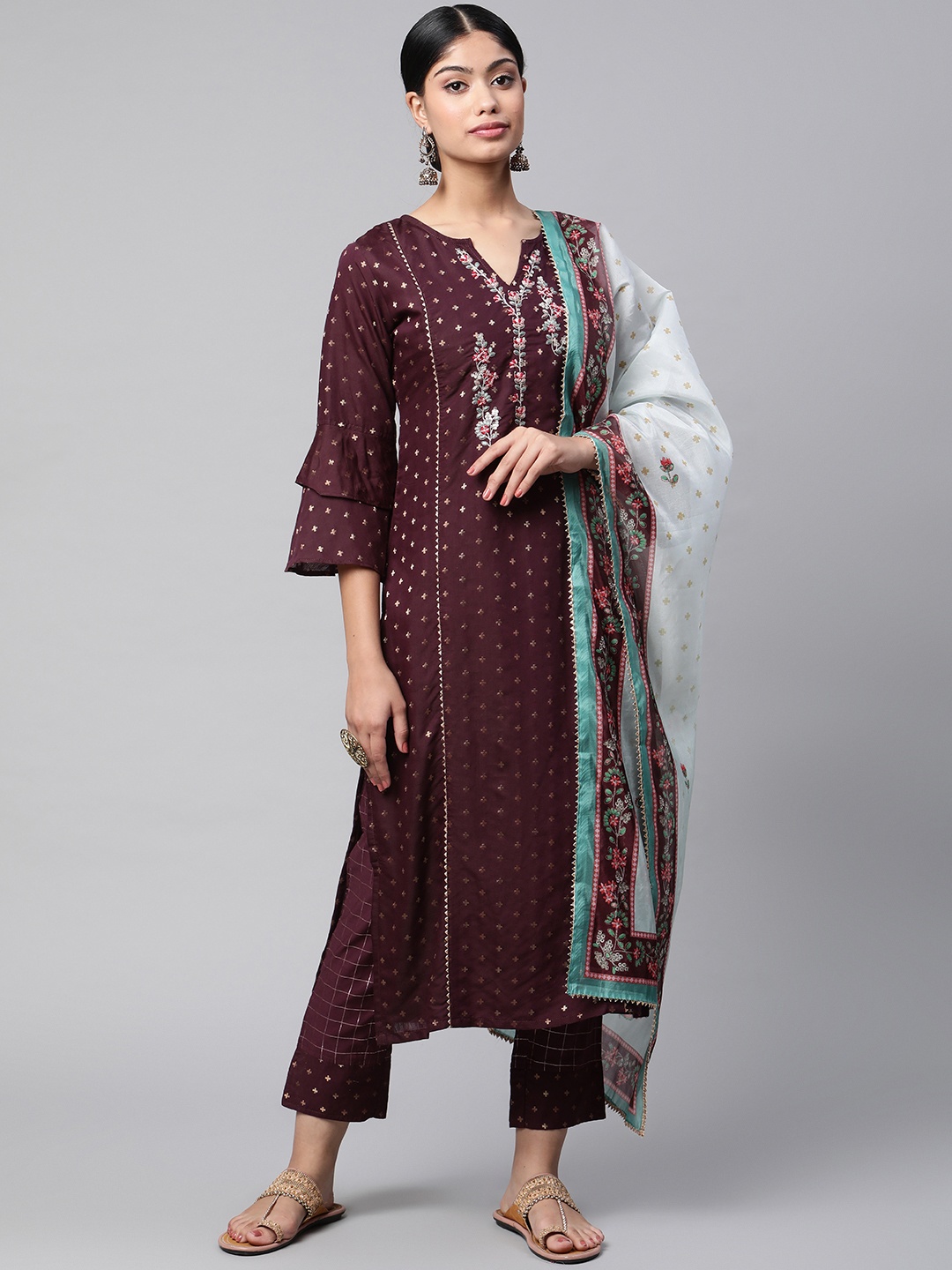 

V TRADITION Women Burgundy Floral Embroidered Kurta with Trousers & With Dupatta