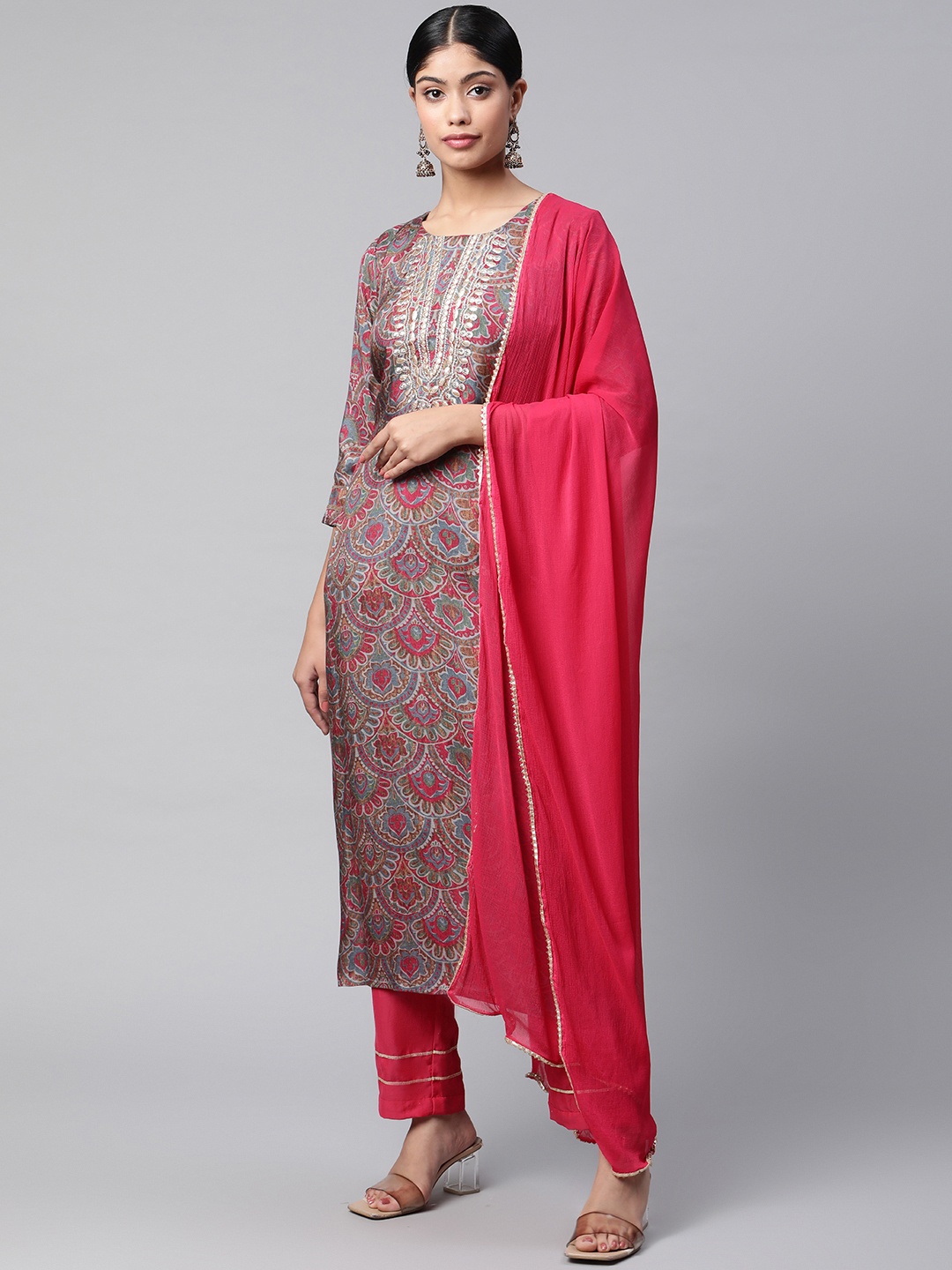 

V TRADITION Women Grey Ethnic Motifs Gotta Patti Kurta with Palazzos & With Dupatta