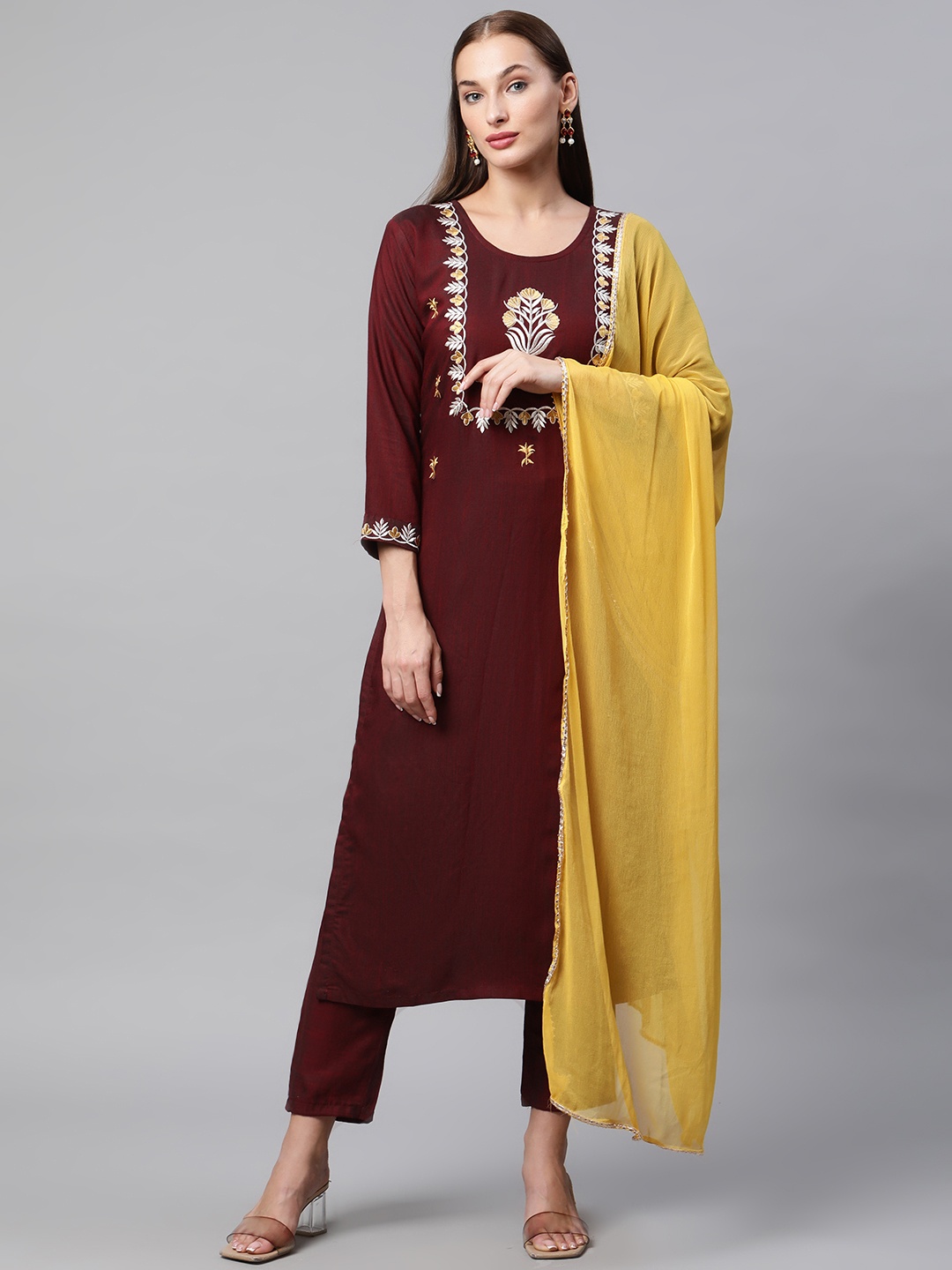 

V TRADITION Women Maroon Floral Yoke Design Kurta with Trousers & With Dupatta