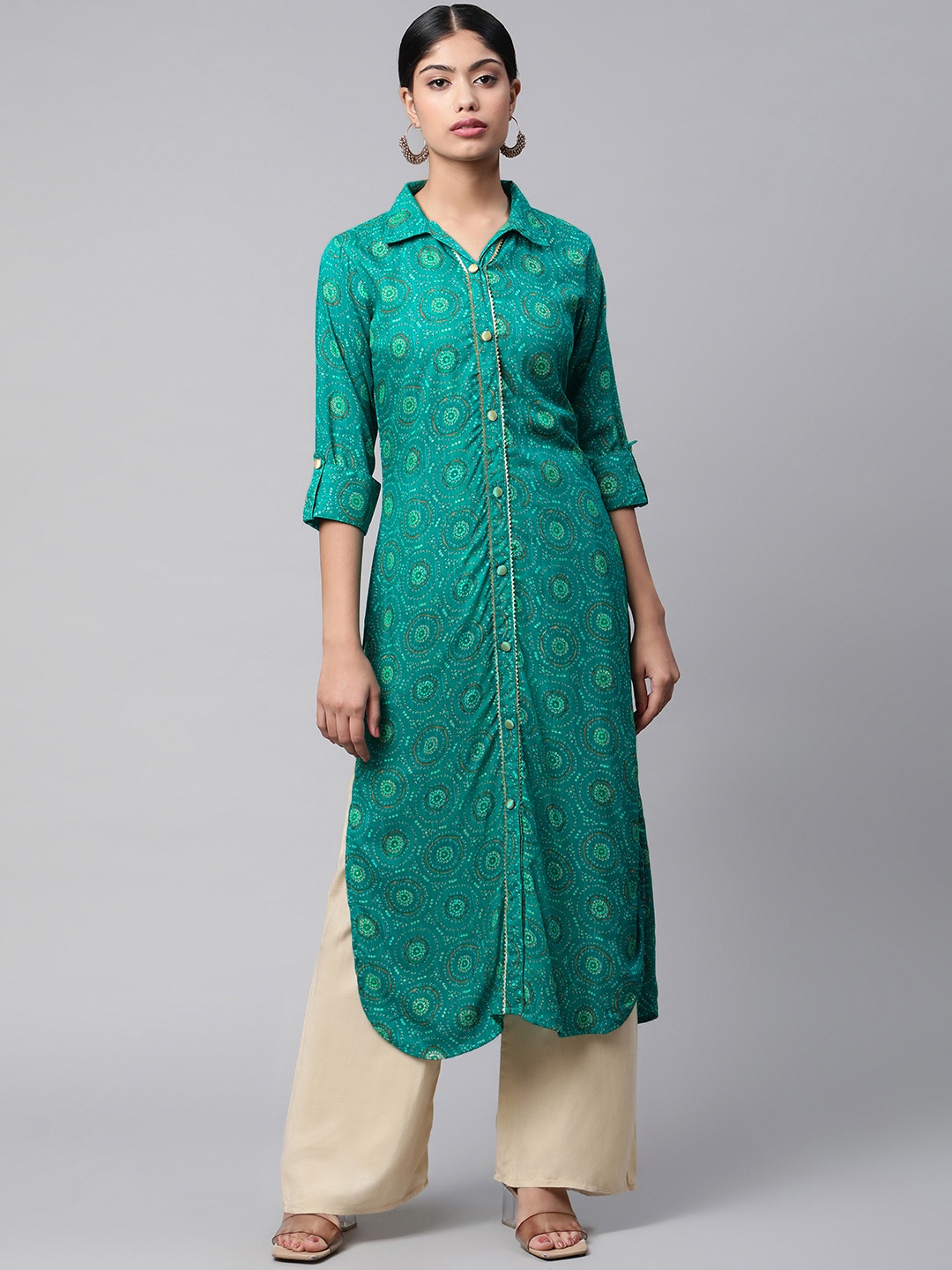 

V TRADITION Women Turquoise Blue Bandhani Printed Gotta Patti Kurta